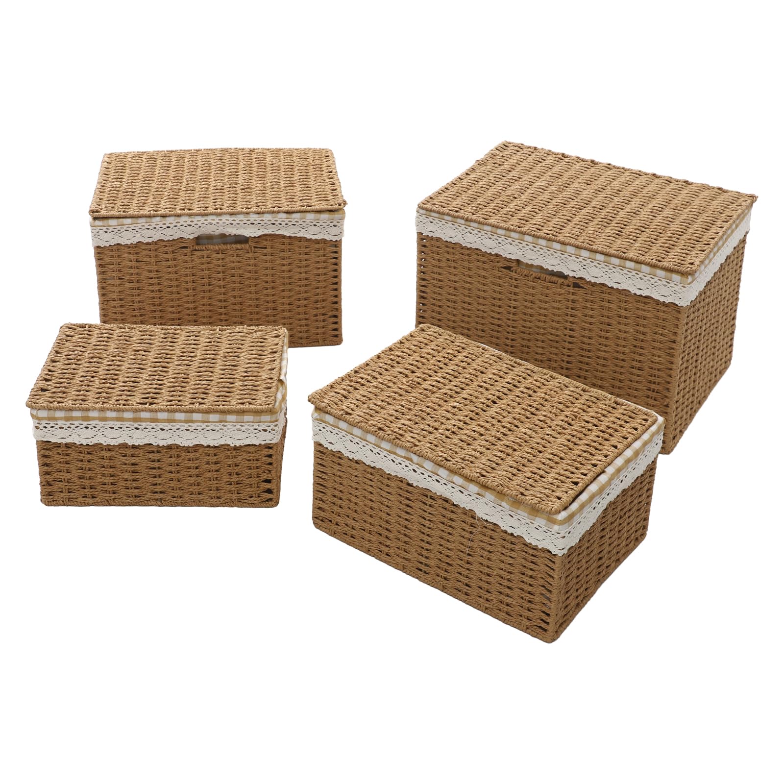 Set di 4 cestini in corda intrecciati con vassoio portaoggetti rettangolare impilabile rustico, cestino biancheria sporca con coperchio organizer, giocattoli, vestiti, con manico e fodera cesti
