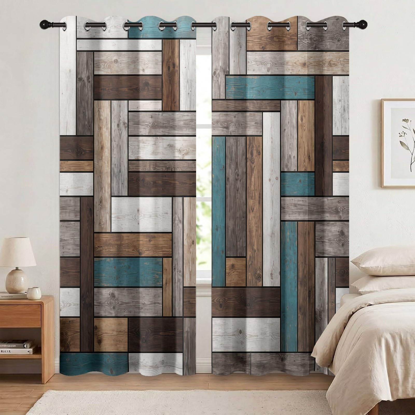 Zasłony zaciemniające dla dzieci, szer. 168 cm x dł. 229 cm (2 panele), sztuka, oczka, rustykalne, naturalne drewno, patchworkowe, izolacja termiczna, zasłony okienne do przedpokoju, brązowe