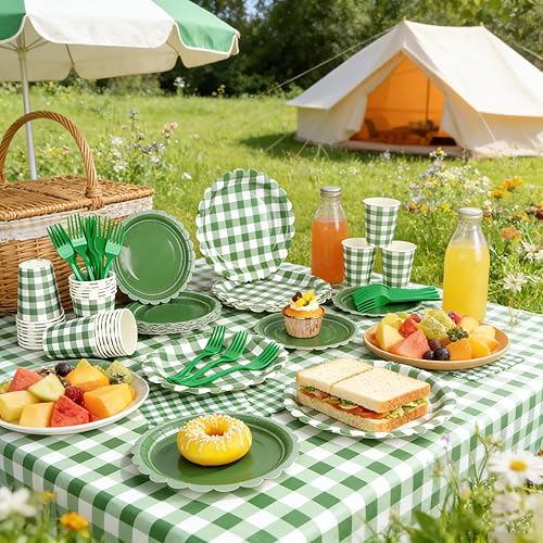 Miniatura 6 de Green Gingham Party Supplies, Include 9’’and 7’’ Disposable Scalloped Paper Plates Napkins, Cups, Forks, Tablecloth Party Decorations for St