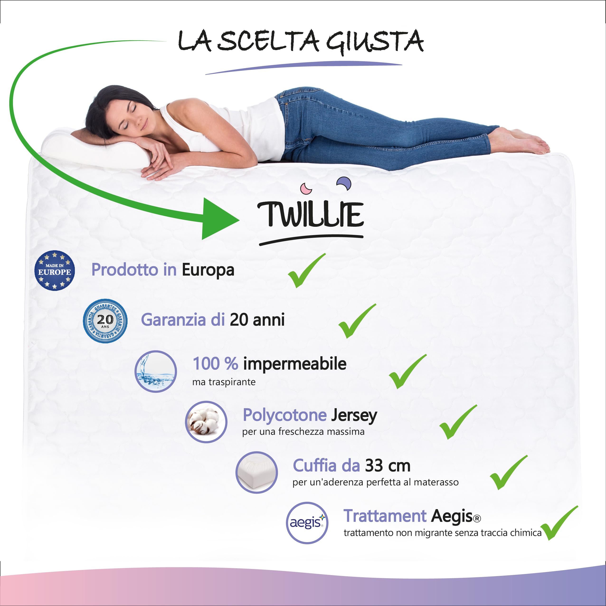 Twillie - Coprimaterasso 80 x 160 Impermeabile - Made in Europa - Oeko-Tex® - Aegis® - Traspirante - Proteggi Materasso Anallergico, Antiacari, Antibatterico, Antimuffa - Igienico 100% Policotone