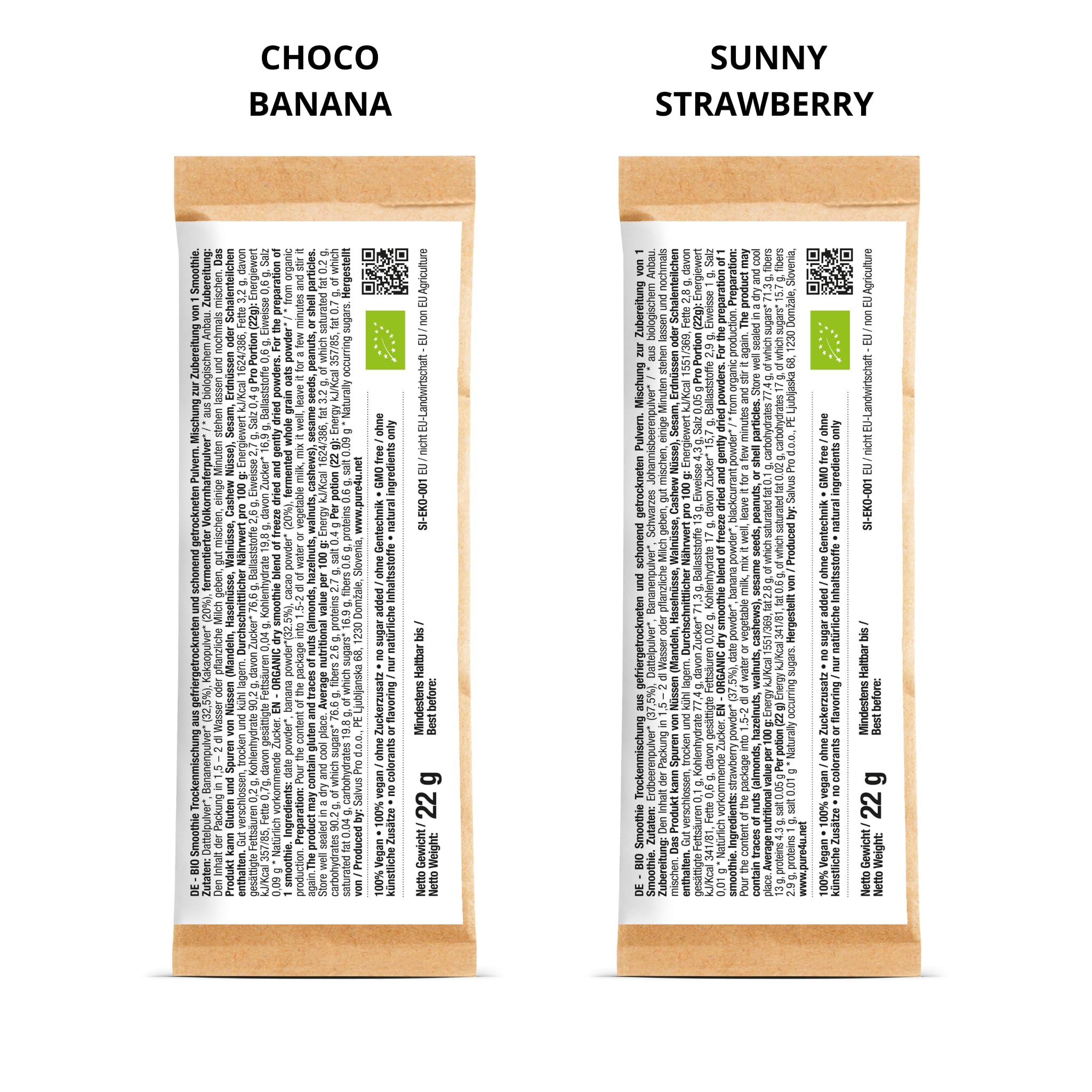 PURE4U BIO Choco & Erdbeere To Go Smoothie Shake Pulver (4x Choco Banana, 4x Sunny Strawberry) | Shake&Go Smoothie Pulver | Ohne Zuckerzusatz | Leichte Zubereitung ohne Mixer