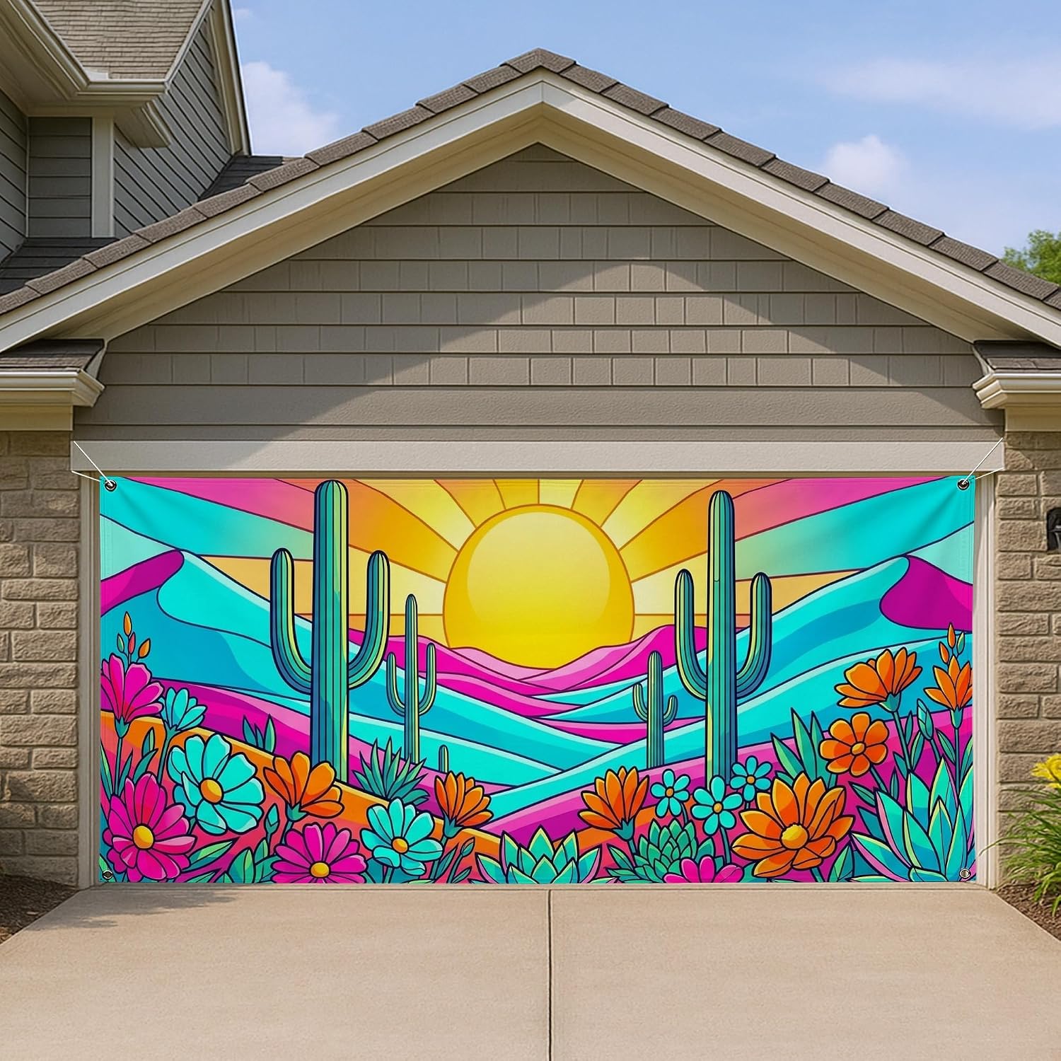 Colorful Desert Sunset Garage Door Cover, Vibrant Cactus Floral Large Garage Decorations, Summer Outdoor Home Decor 157x71 Inch
