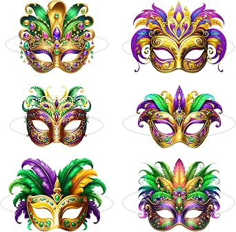 6 Pcs Mardi Gras Masquerade Masks Faux Feather Carnival Face Masks Cardboard Party Favors for New Orleans Parade & Costume Parties for Adult