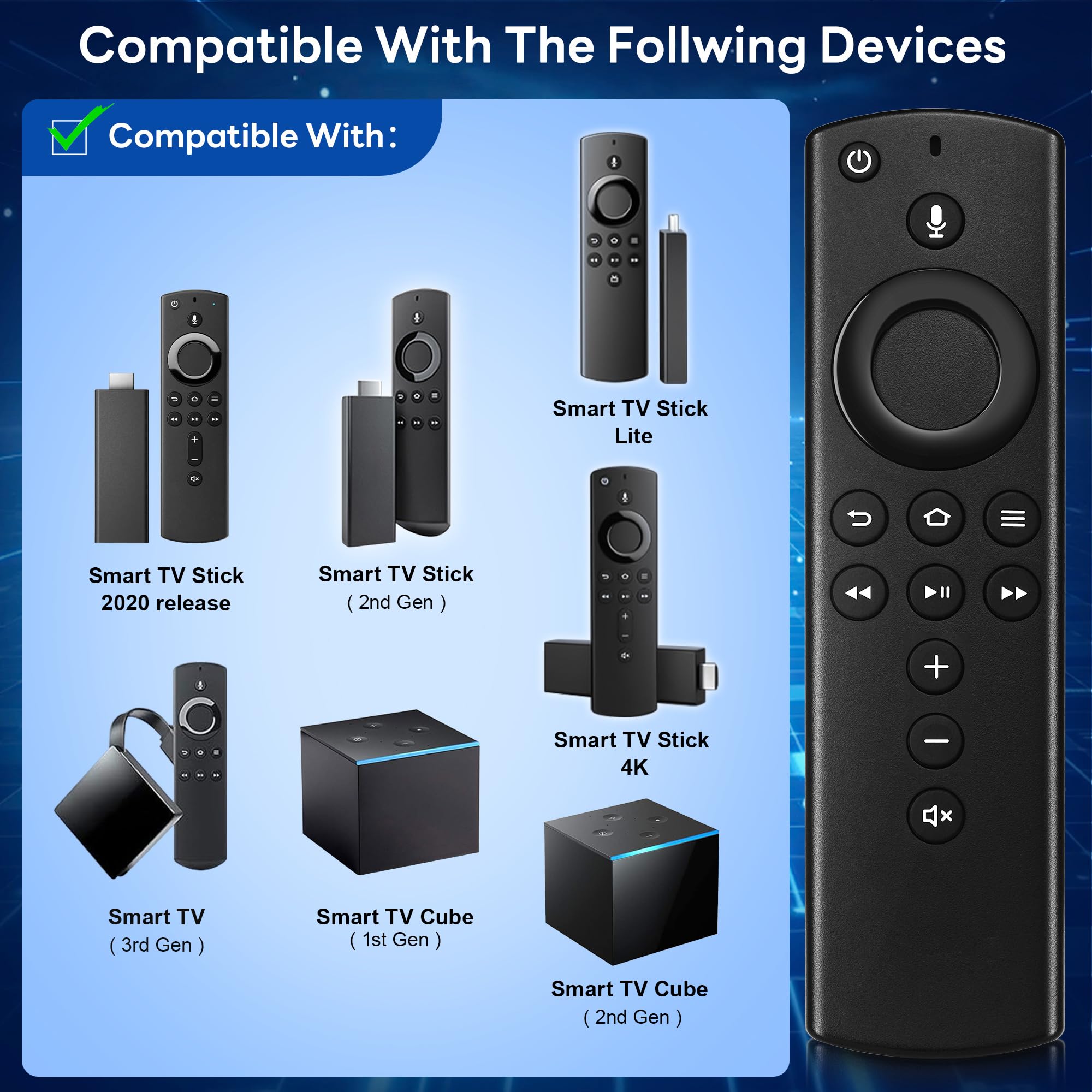 Replacement Remote Control Fit for Fire 3rd Gen Smart TV 3rd Gen/TV Cube (1st Gen/2nd Gen)/ TV Stick (2nd Gen/4K/Lite/2020 Release), Not Compatible with Insignia-Pioneer Smart TV - 3