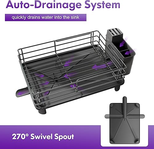 Miniatura 2 de Qienrrae Escurridor de platos para encimera de cocina, de acero inoxidable, 2 niveles, color negro, con escurridor, escurridor de platos grande con