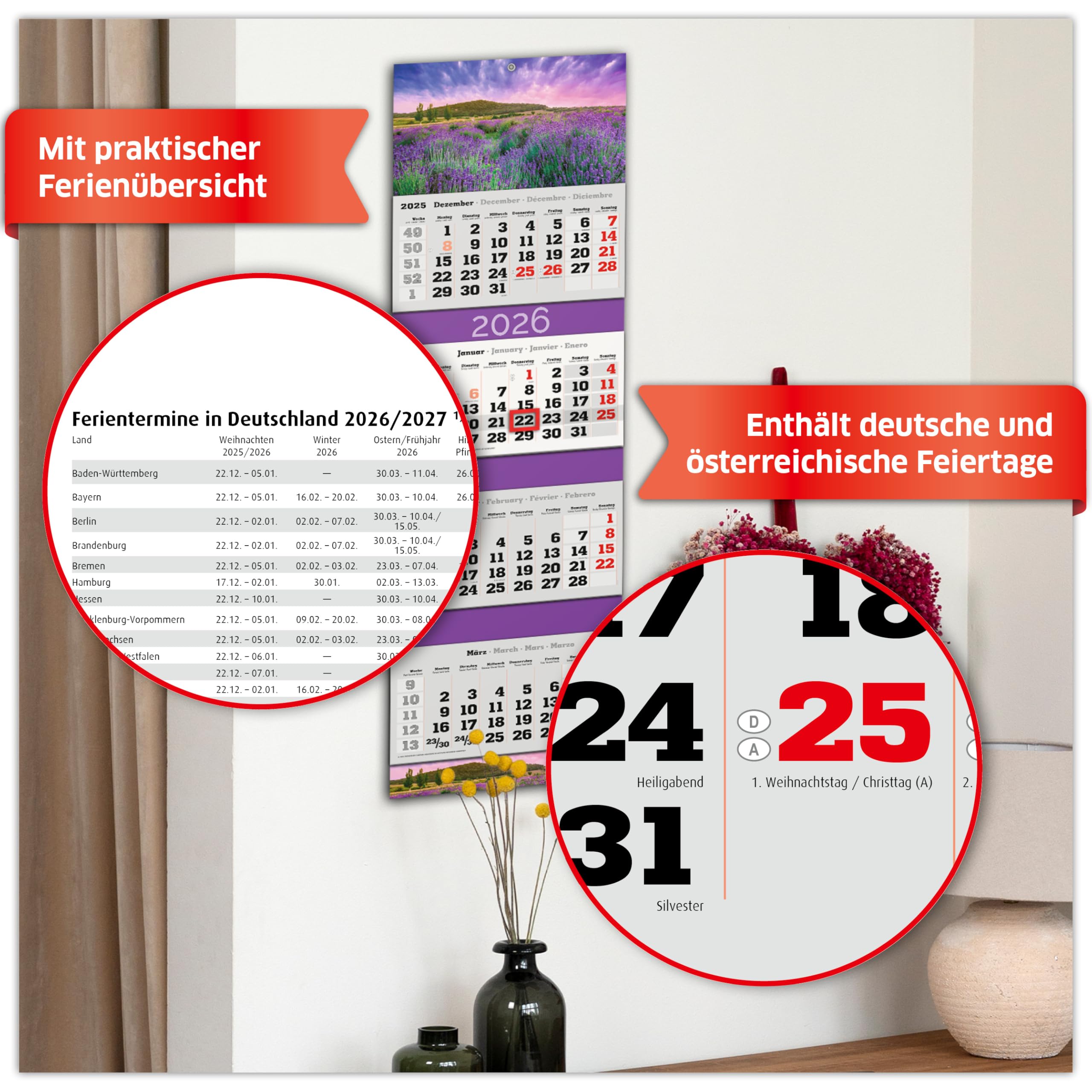 PRIMUS PRINT Calendario XXL 2026 – Calendario de pared – Calendario de pared de 4 meses – con fecha deslizante, calendario para colgar, incluye días festivos y vacaciones, varios diseños – [1 lavanda]