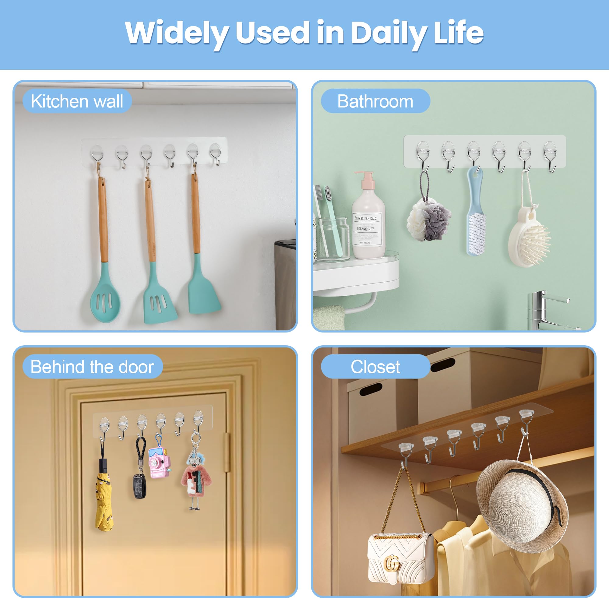 2 PCS Adhesive Wall Hooks for Hanging Sticky Clear Heavy Duty Hangers with 6 Stainless Hooks without Nails — view 3
