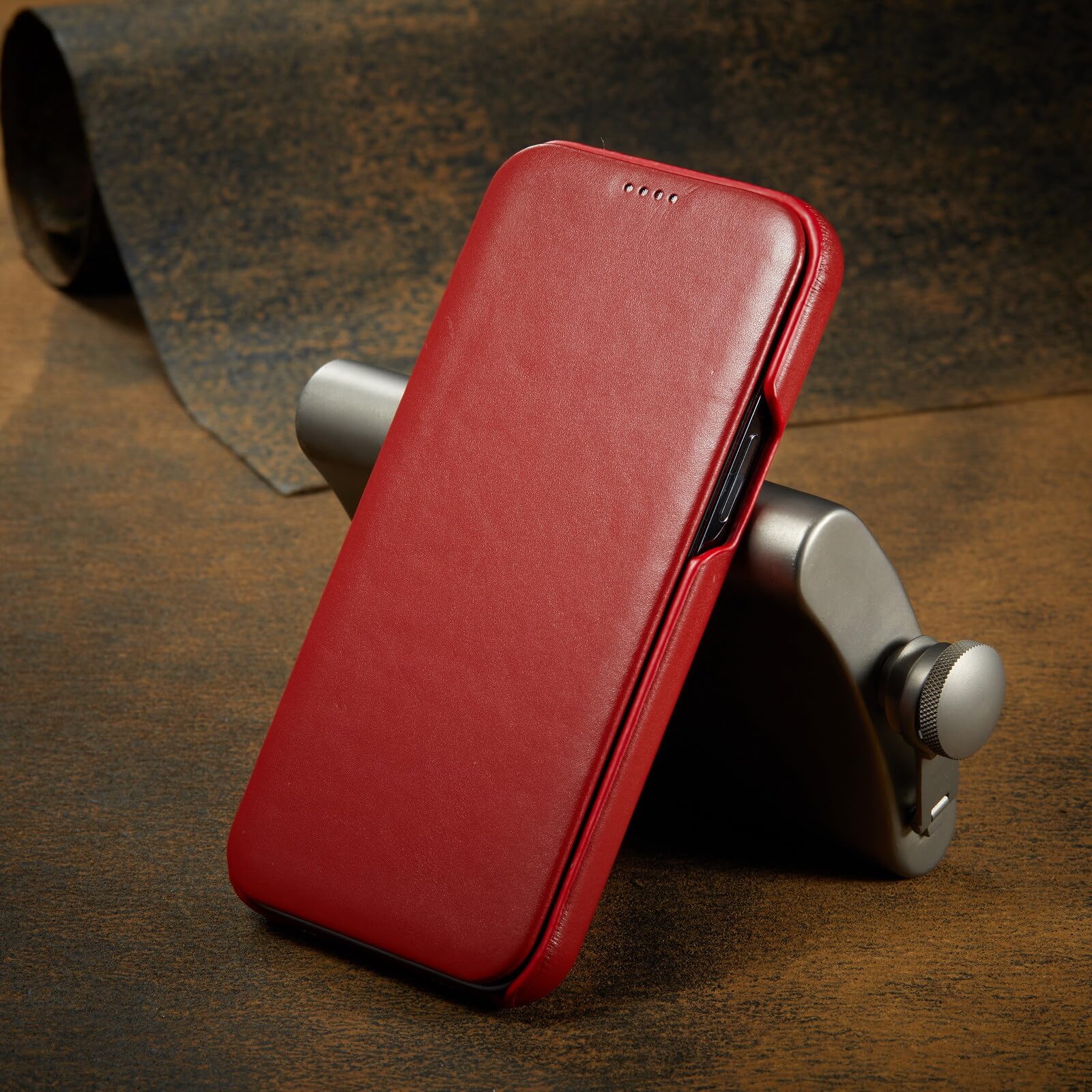 Étui iPhone 16 Plus en cuir véritable rouge pour éviter les rayures d'écran - 8