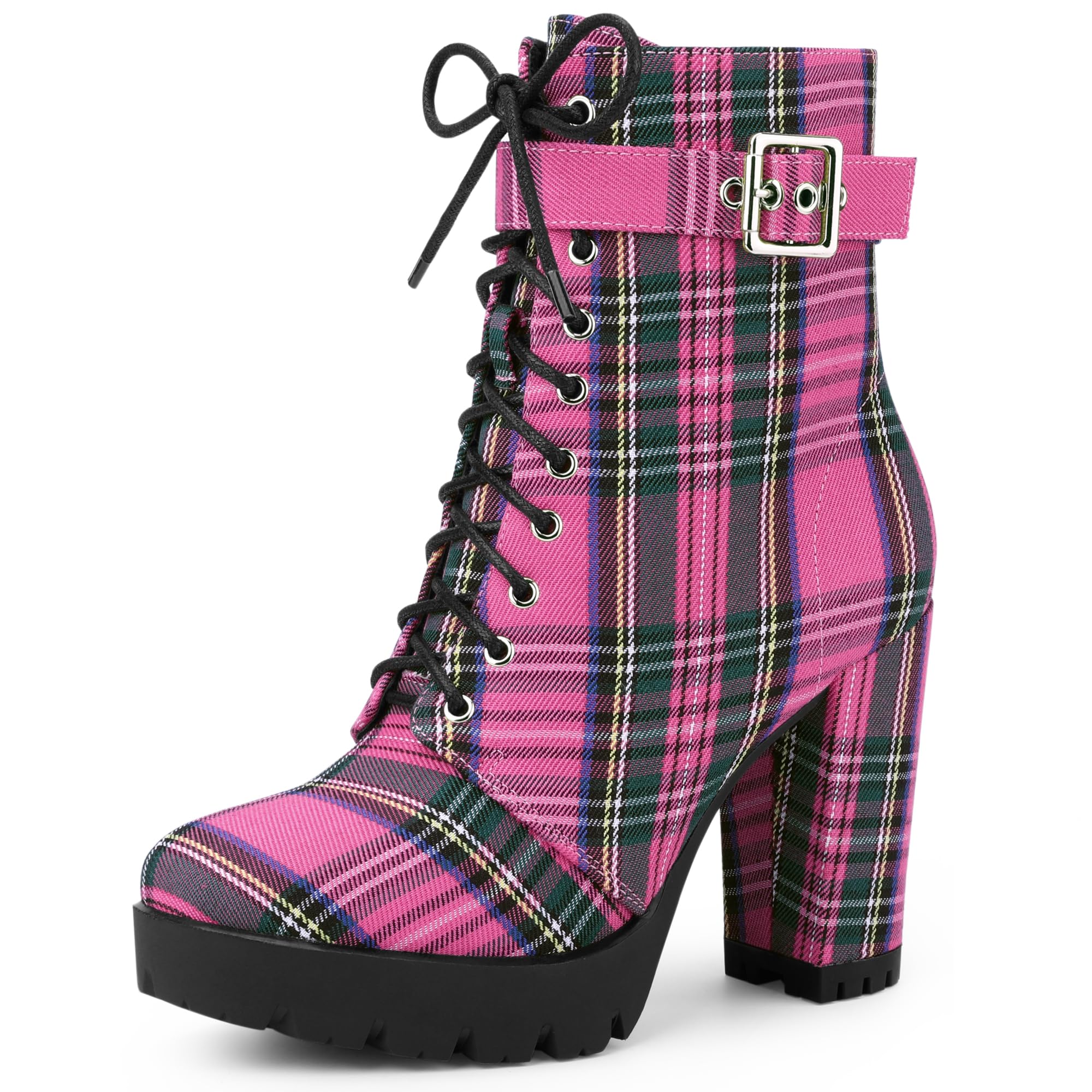 Perphy Platform Lace Up Chunky Heel Plaid Printed Ankle Combat Boots for Women