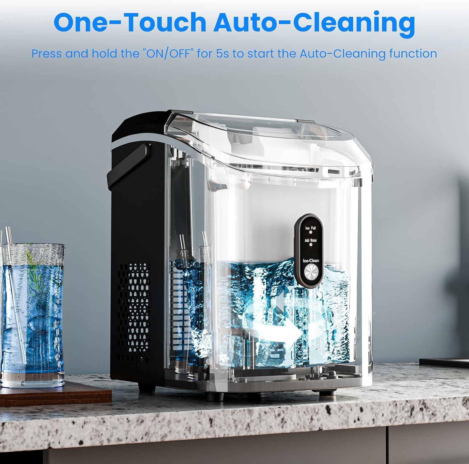 Antarctic Star Nugget Ice Makers Countertop with Self-Cleaning, 35lbs/24Hrs, Portable Crushed Ice Machine with Handle/Basket/Scoop for Home, Kitchen, Office, Camping(Black)