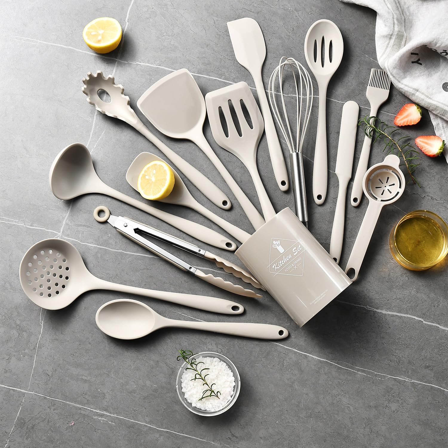 Juego de 15 espátulas de silicona para cocinar, alta resistencia al calor, espátula de cocina, sartén antiadherente de turbina sólida y ranurada, para freír, voltear (gris)