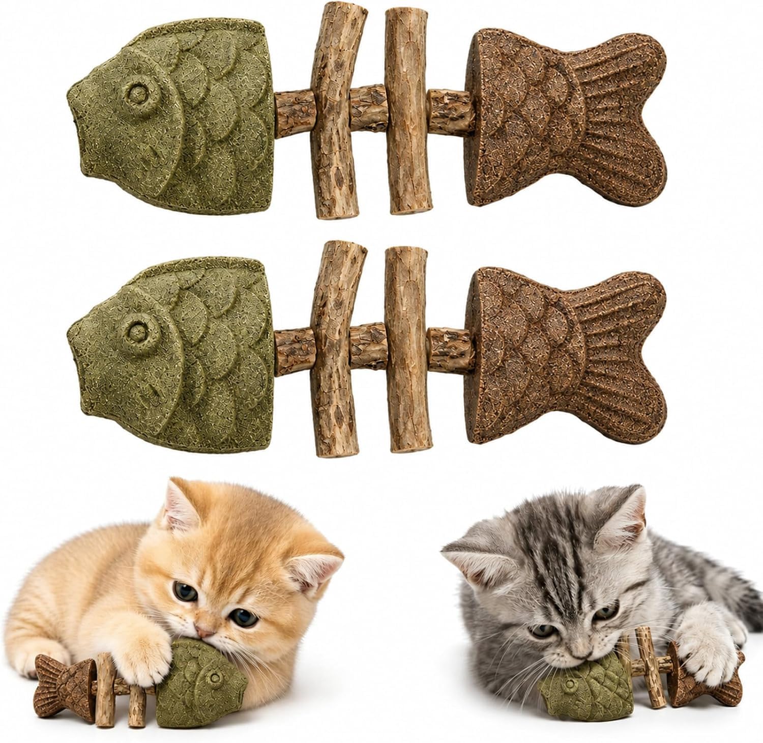 Collenatsy 2 PCS Catnip and Silvervine Chew, Natural Fishbone Chew Toy for Cats, Fishbone-Shaped Cat Dental Toy for Chewing, Licking, Pawing, Boredom Relief & Enrichment for Cats