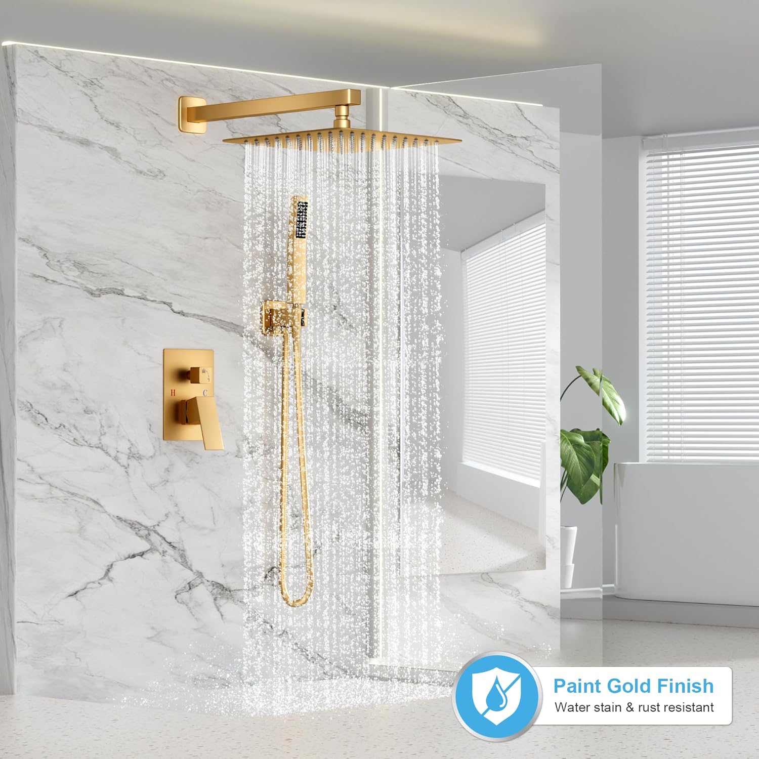FPXRNG Gold Shower Faucet Set, Rainfall Shower System with Rain Shower Head and Handle Set, Wall Mounted Shower Fixtures, Full Metal Trim Repair Kit 10 inch Paint Gold (With Shower Valve)
