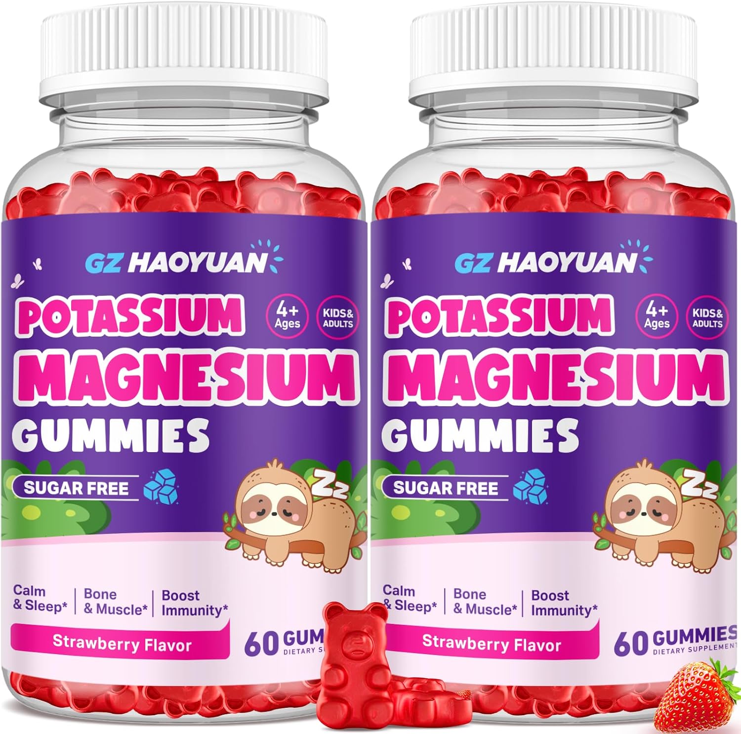 Magnesium Gummies for Kids - Magnesium Glycinate Gummies with Vitamin D3, B6, Potassium & Ashwagandha, Magnesium for Kids & Adults Relaxation, Sleep, Brain & Bone Health - Strawberry 60ct (2 Pack)