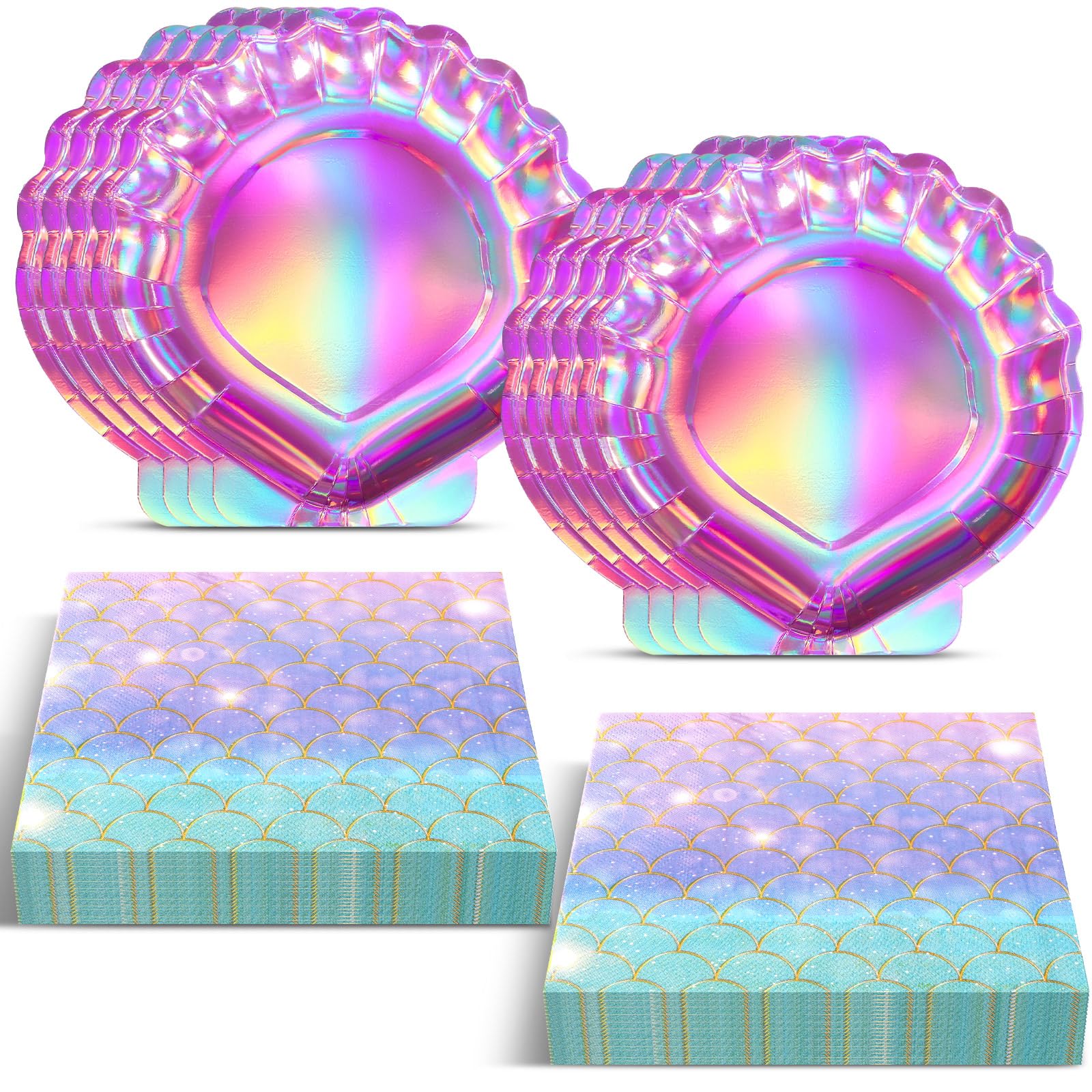 Gersoniel Juego de 40 piezas de suministros de fiesta de sirena morada, 20 platos de concha de almeja y 20 servilletas de escamas de sirena, decoraciones de fiesta, platos de papel desechables y