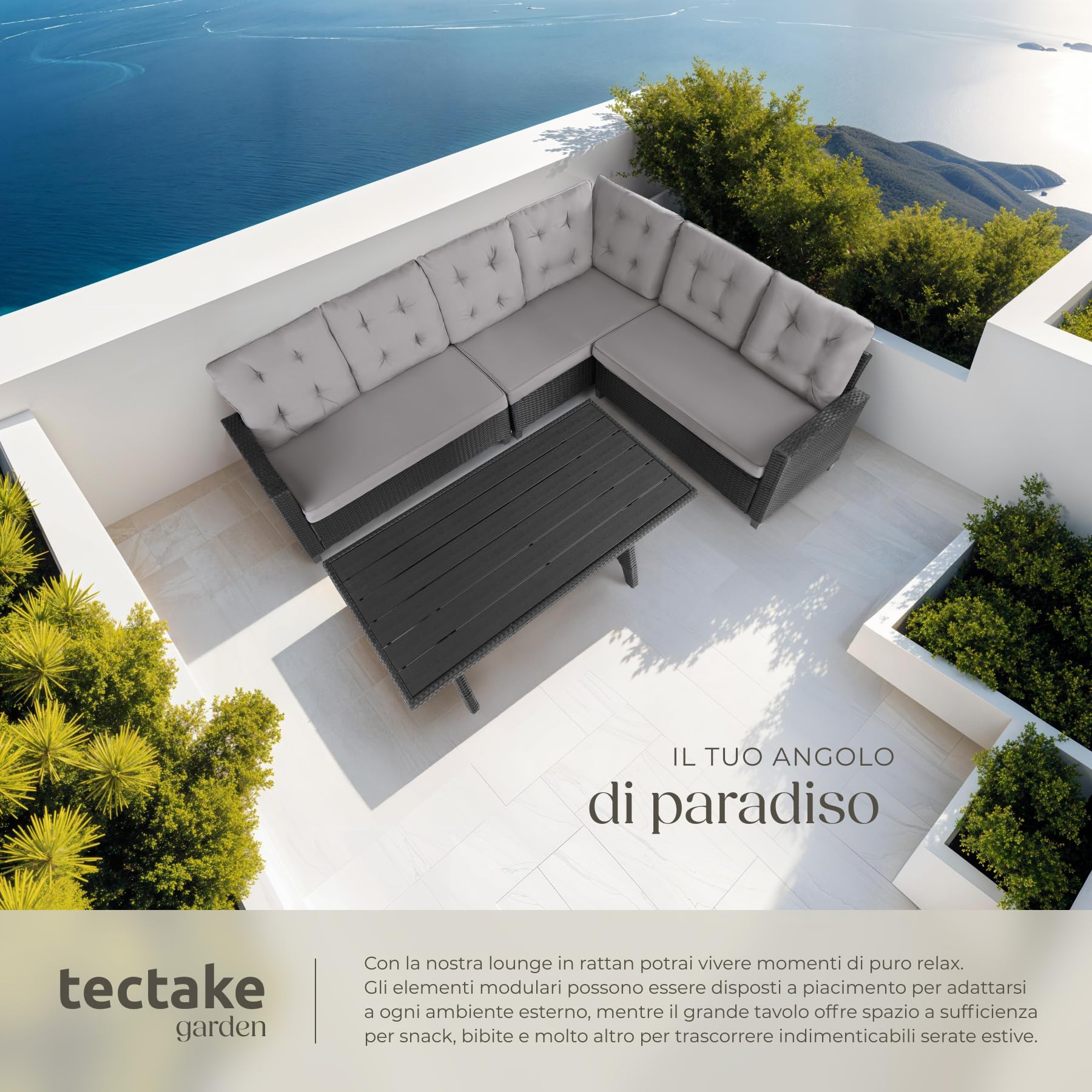 Tectake Salottino in Rattan Catania Set Giardino con Tavolino Salotto 2 Sofà 1 Sofà Angolare Cuscini Idrorepellenti Resistente ai Raggi UV Nero