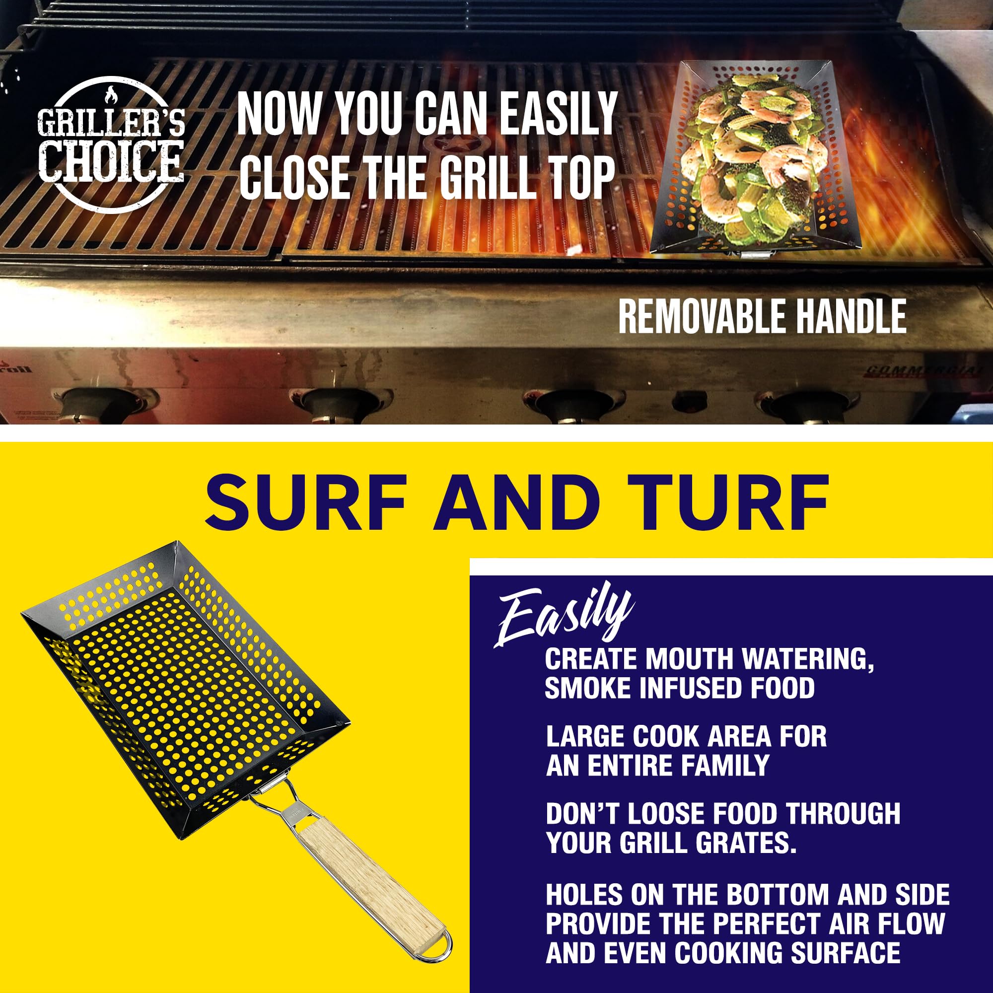 Griller's Choice - Cestino rettangolare con manico rimovibile, grande cestino commerciale antiaderente con manico per grigliare all'aperto. Progettato da Chef, BBQ Judge. Accessorio per barbecue