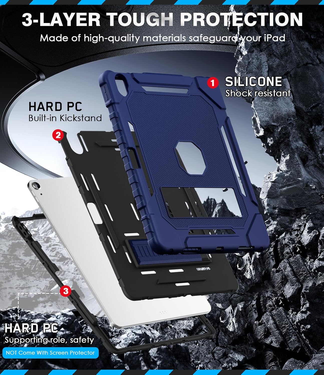 Grifobes Case for iPad Air 13-inch (M3/M2) 2025/2024, Heavy Duty Shockproof Rugged Protective Cover with Pencil Holder/Built-in Stand for i Pad Air 13" (Navy Blue) - Image 6