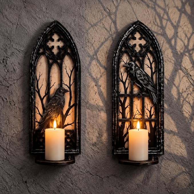 Havawish 2 pcs Gothic Wall Candle Sconces Halloween Crow Wall Mounted Candelabra Holder with Removable Tray Hook for Taper Pillar Candles Cathedral Medieval Vintage Home Decoration