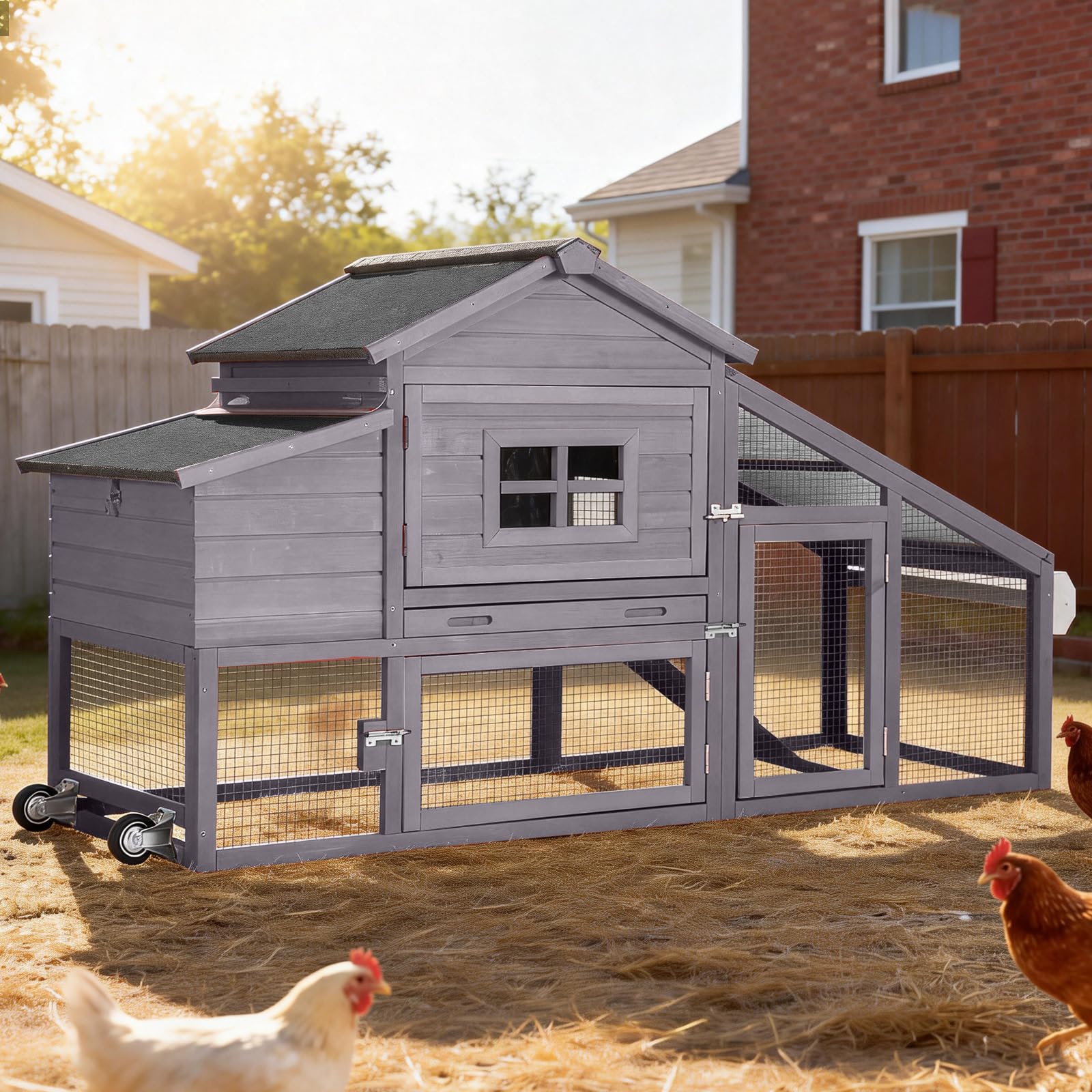Mobile Chicken Coop with Run, Large Outdoor Wooden Poultry Cage Hen House with Wheels, Nesting Box, Pull-Out Tray, Waterproof Roof, Grey, 72.3" L x 26" W x 39.4" H, for 3-5 Chickens