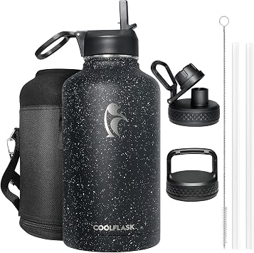 Coolflask Insulated Water Jug 1893 ml, Half Gallon Water Bottle with Straw & 3 Lids, Large Stainless Steel Vacuum Bottle for Gym, Sports and Travel, Starry Black