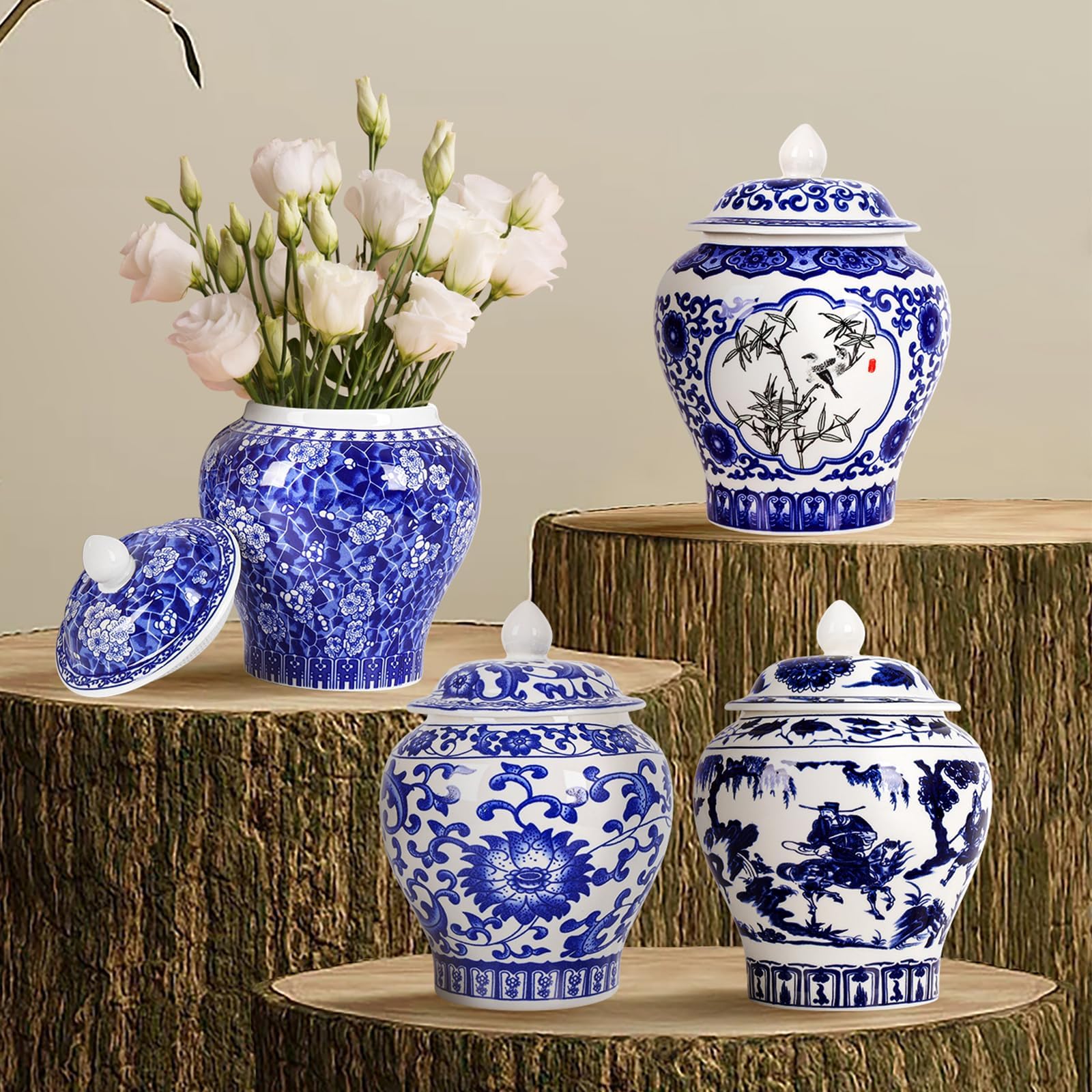 YUDIZWS Set mit 4 kleinen blauen und weißen Vasen, Porzellanvasen, blaue Chinoiserie-Dekoration, Ingwergläser, Keramik, chinesische Blume, dekorative Knospengläser mit Deckel, für Zuhause