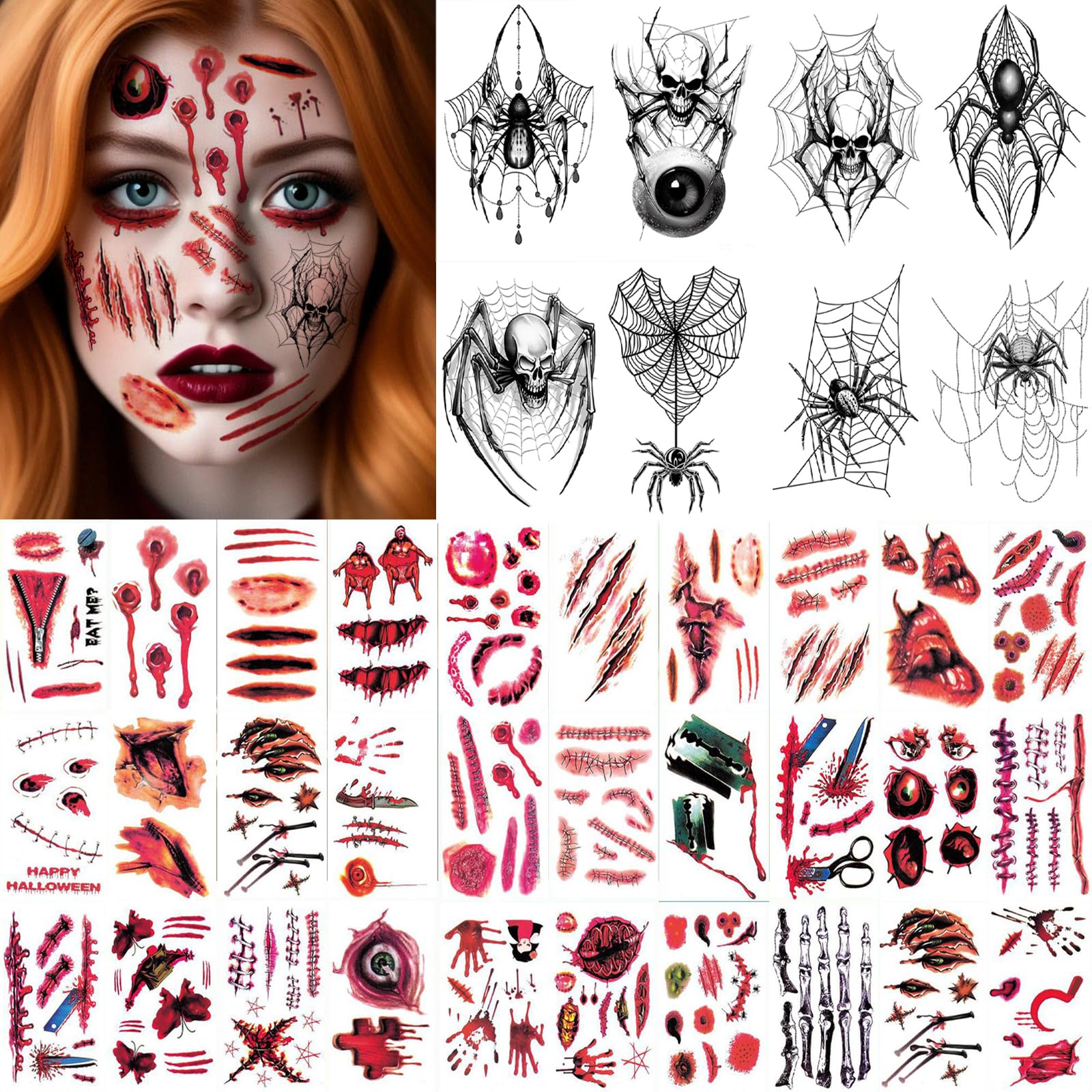 38 Blatt Halloween Tattoos, 3D Wunden Narben Spinnen Fake Blut Tattoo, Horror Halloween Kostüm Damen Herren Gesicht Aufkleber, Zombie Vampir Teufel Kostüm Kinder Erwachsene Gruselig Kunstblut Sticker