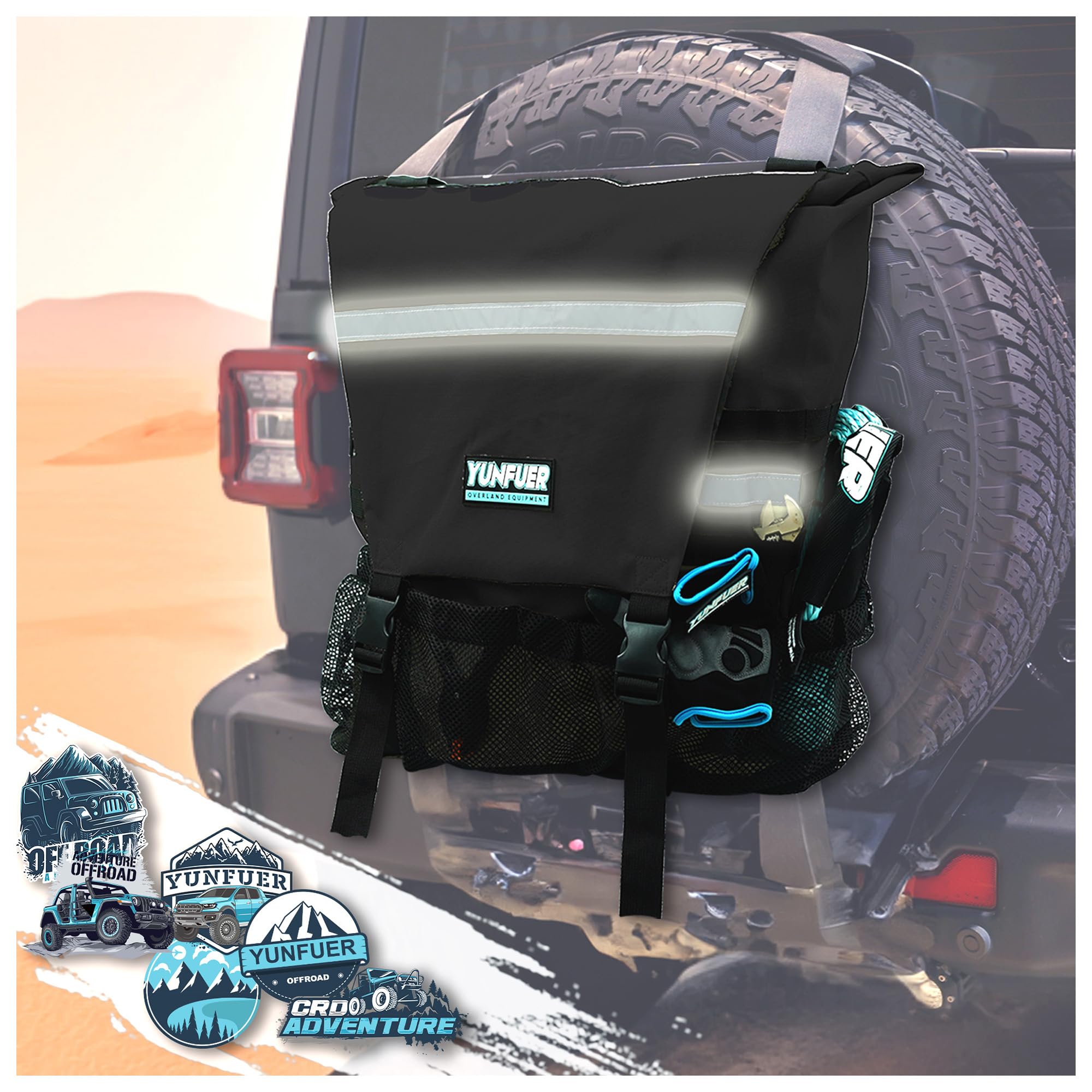 YUNFUER Spare Tire Trash Bag, Heavy Duty Tailgate Trash Bag, Fit up to 40'' Tire, Ultimate Organizer for Off-Road, Large Capacity Cargo Spare Tire Storage Bag for Truck, SUV or Car (Black)