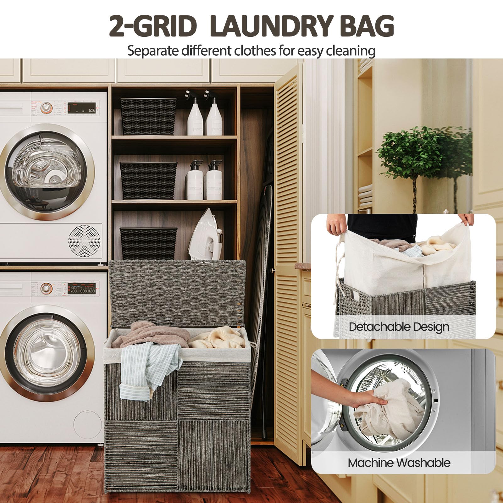 LIFEZEAL Handgeflochtener Rattan Wäschekorb, 110L Wäschesammler mit Deckel, Aufbewahrungskorb mit herausnehmbarem Wäschesack, Faltbarer Wäschetonne für Waschküche, Laundry, Badezimmer