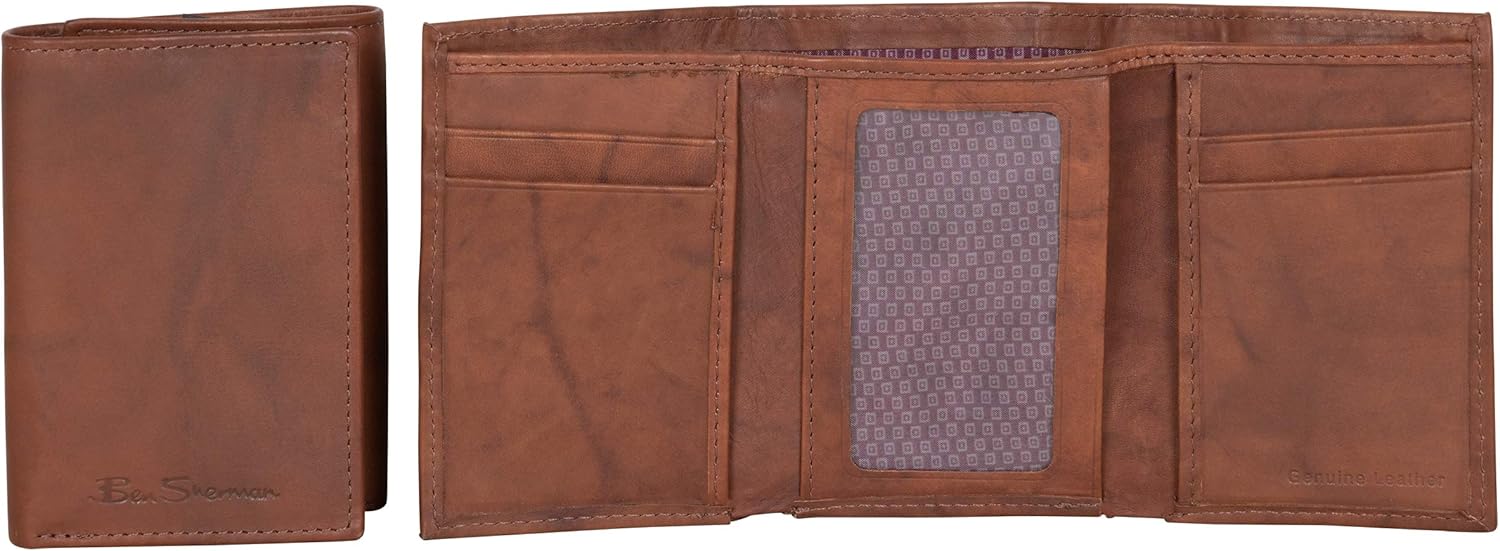 Ben Sherman Men's Manchester Bifold Slim Wallet Full-Grain Leather RFID Minimalist Gift Box, Cognac Marble T, One Size