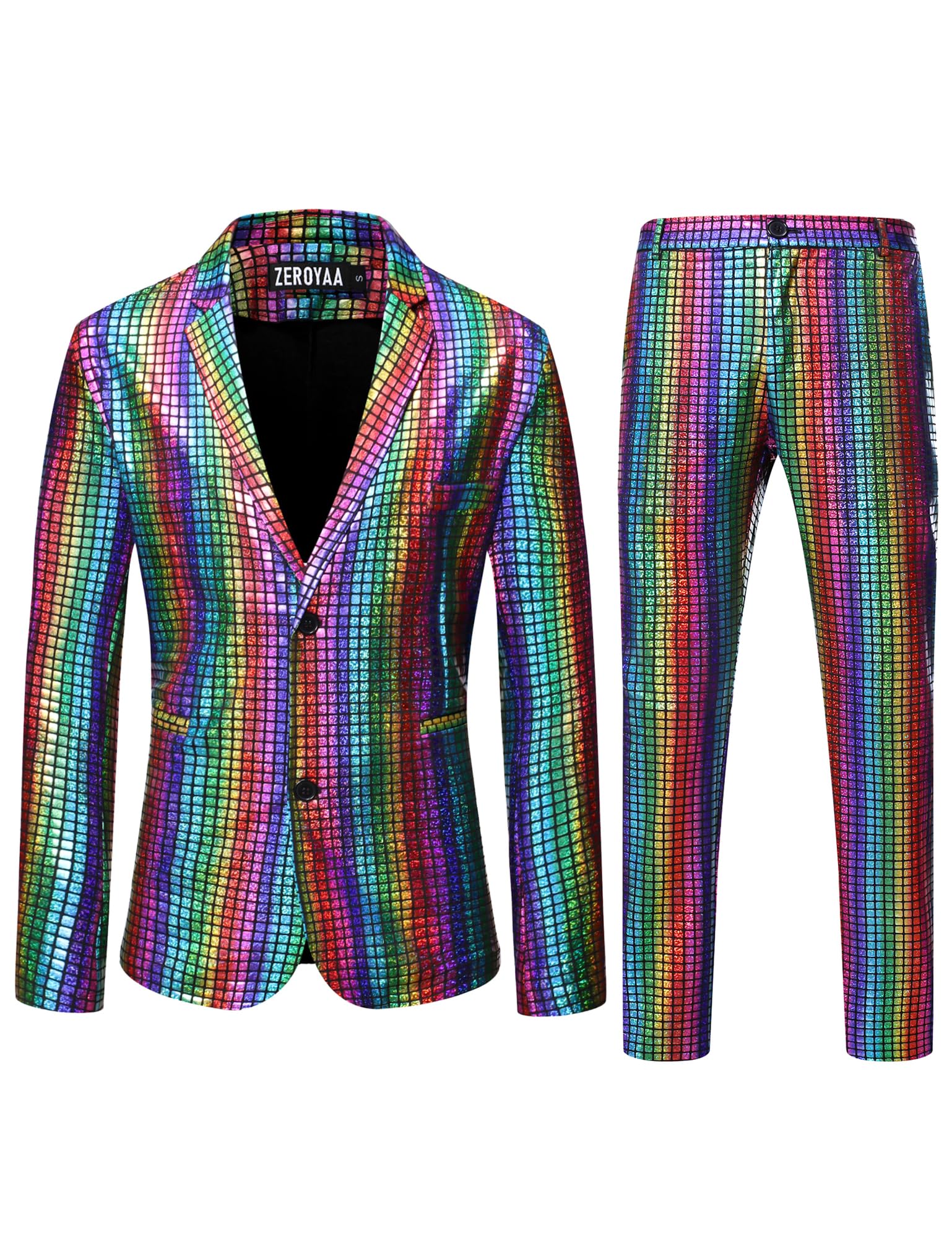 ZEROYAAMen's Metallic Shiny Suits Disco Sequin Blazer and Pants 2 Piece Sets for Party Prom