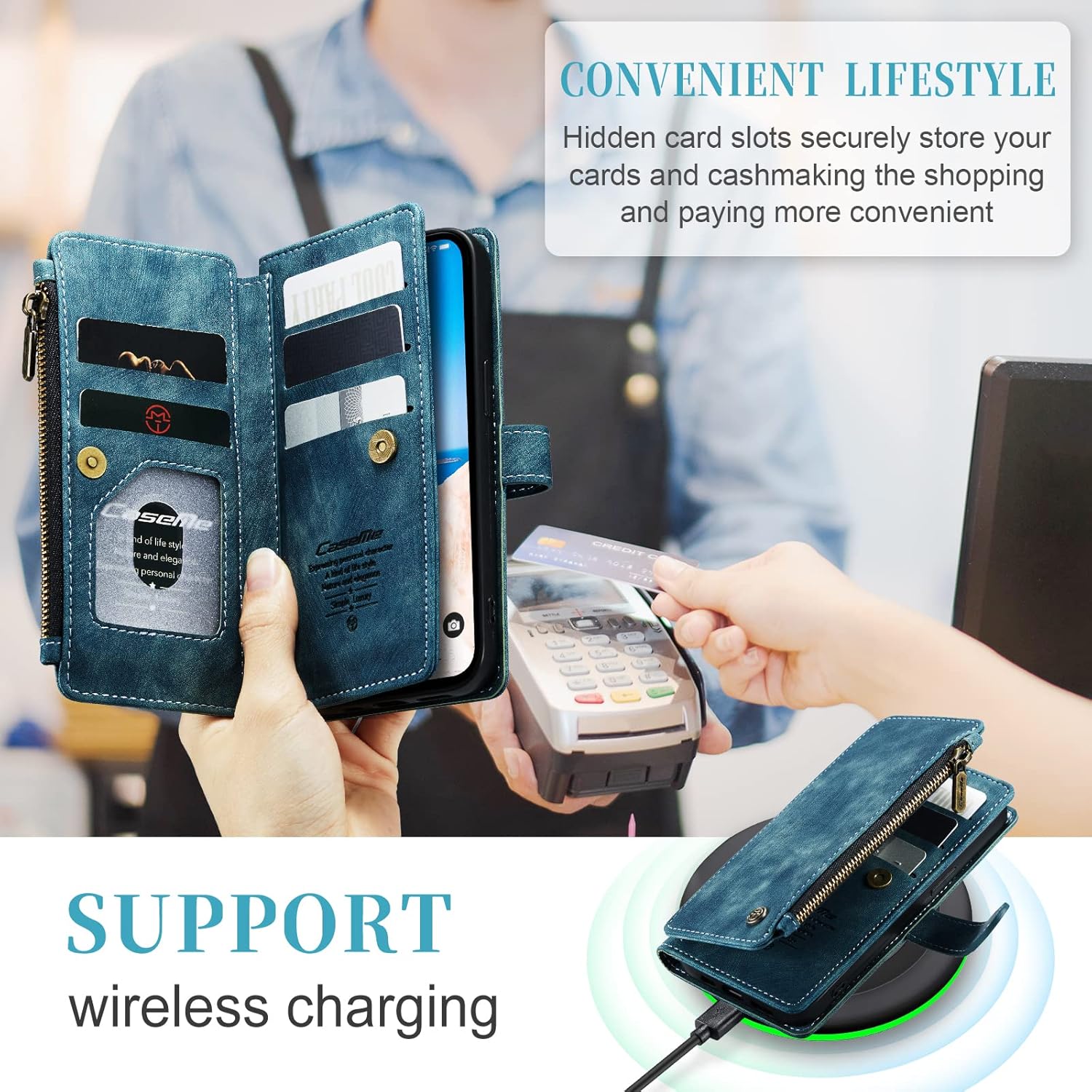 for iPhone 15 Wallet Flip Case with Card Holder - PU Leather Protective Shockproof Folio Cover with Slots Wrist Strap Magnetic Closure Zipper Purse Kickstand Blue