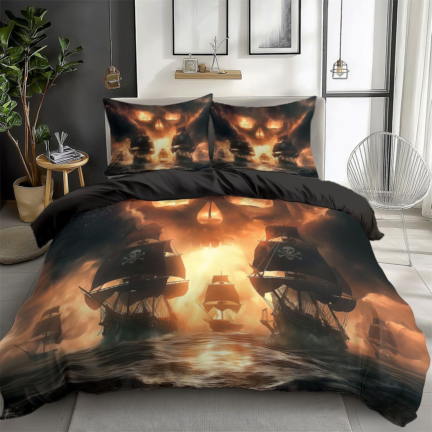 Poszwa na kołdrę 230 cm x 220 cm Fantasy Czaszka Łodzi Ciemnobrązowa, Przytulna poszewka na kołdrę z nadrukiem z zamkiem błyskawicznym, 3-częściowy zestaw pościeli dla dzieci dorosłych