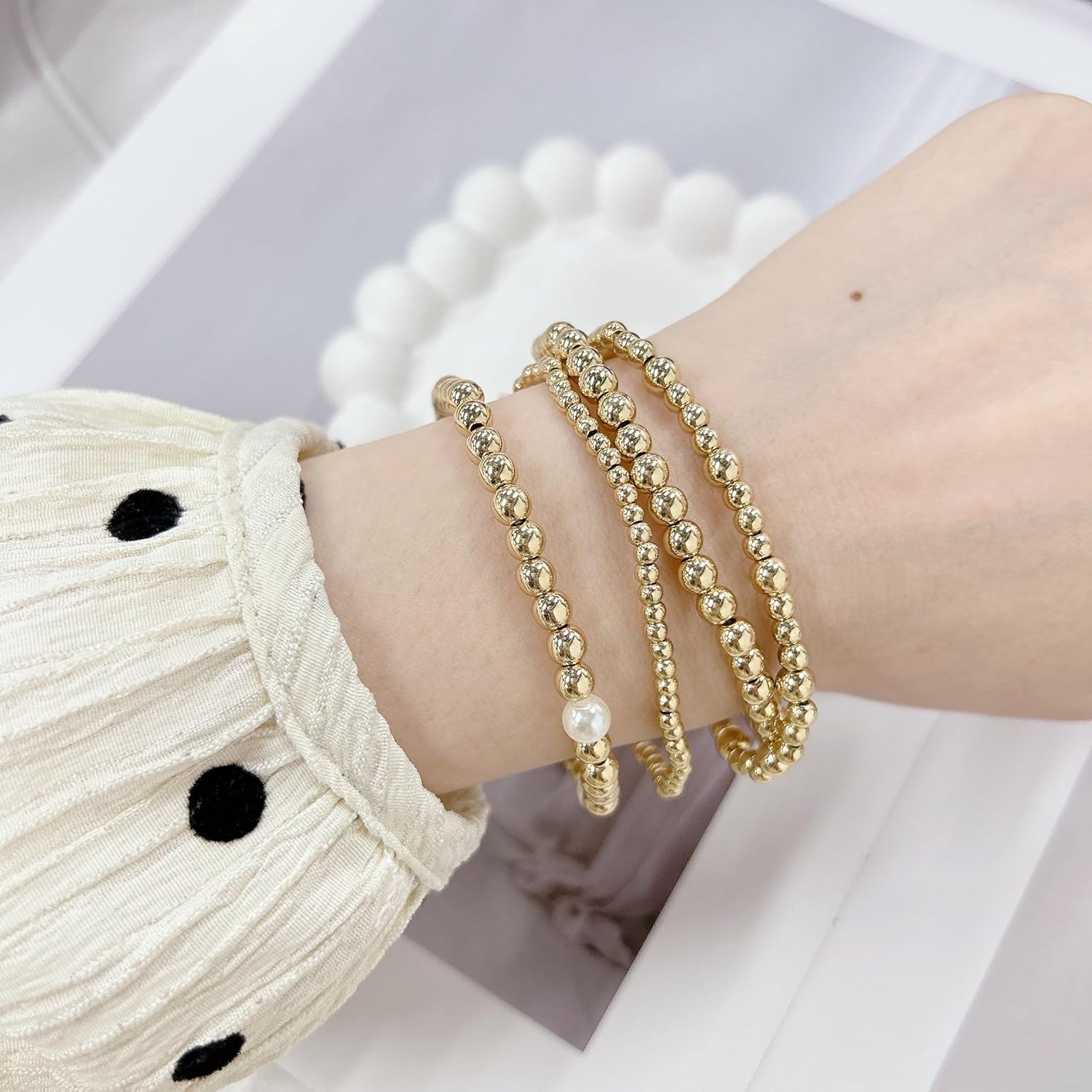 Cross Pearl Gold Beaded Bracelet Set for Women Handmade 4PCS Stack Dainty Round Ball Beads Layered Strand Stretch Stackable Boho Elastic Bracelets Bohemian Trendy Jewelry Fashion Non Tarnish - Image 3