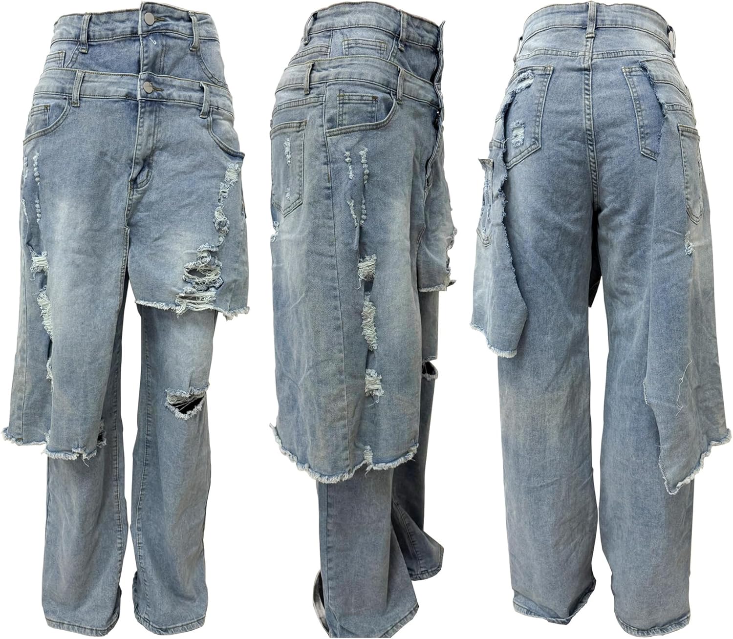 LETSVDO Women Ripped Patchwork Jeans Straight Wide Leg Asymmetrical Double Waist Denim Pants Baggy Y2k Trouser Streetwear - Image 8