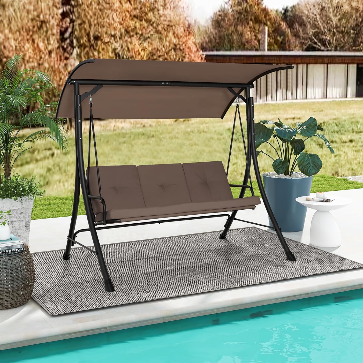 HAPPYGRILL 3-Seat Outdoor Porch Swing with Adjustable Canopy, Armrests, Metal Frame & Thickened Cushions, Patio Swing Chair for Garden, Poolside & Deck