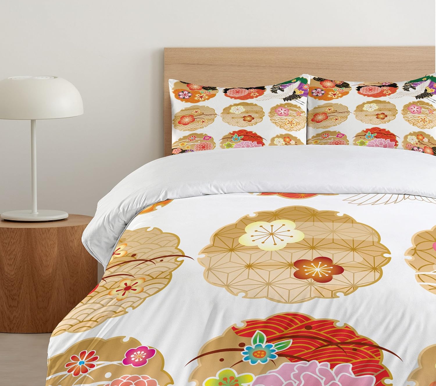 Ambesonne Japanese Duvet Cover Set, Floral Round Patterns Antique Nature Style Theme Art Oriental Print Contemporary, Decorative 3 Piece Bedding Set with 2 Pillow Shams, King Size, Multicolor