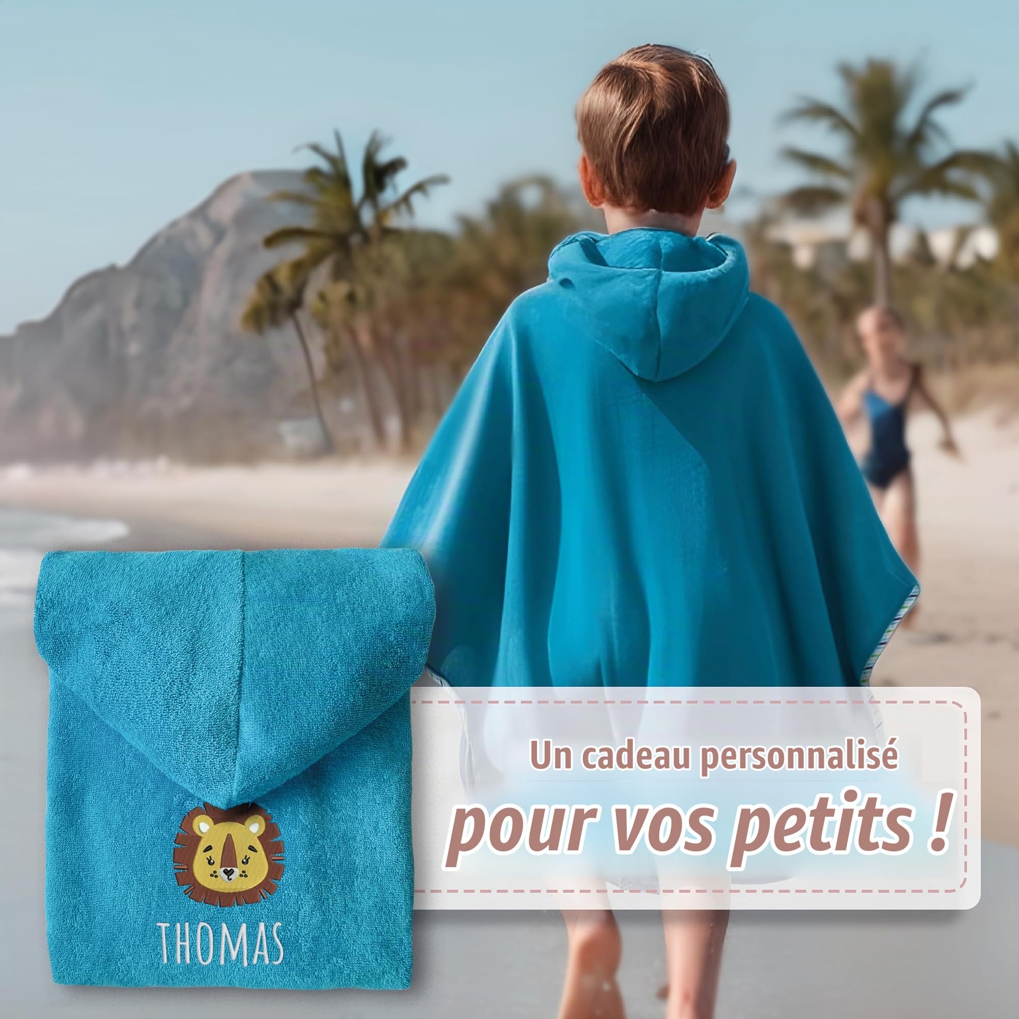 Poncho de bain pour enfant avec nom brodé, certifié Oeko-TEX® Standard 100, serviette à capuche personnalisée en pur coton avec nom et motif brodés (pétrole)