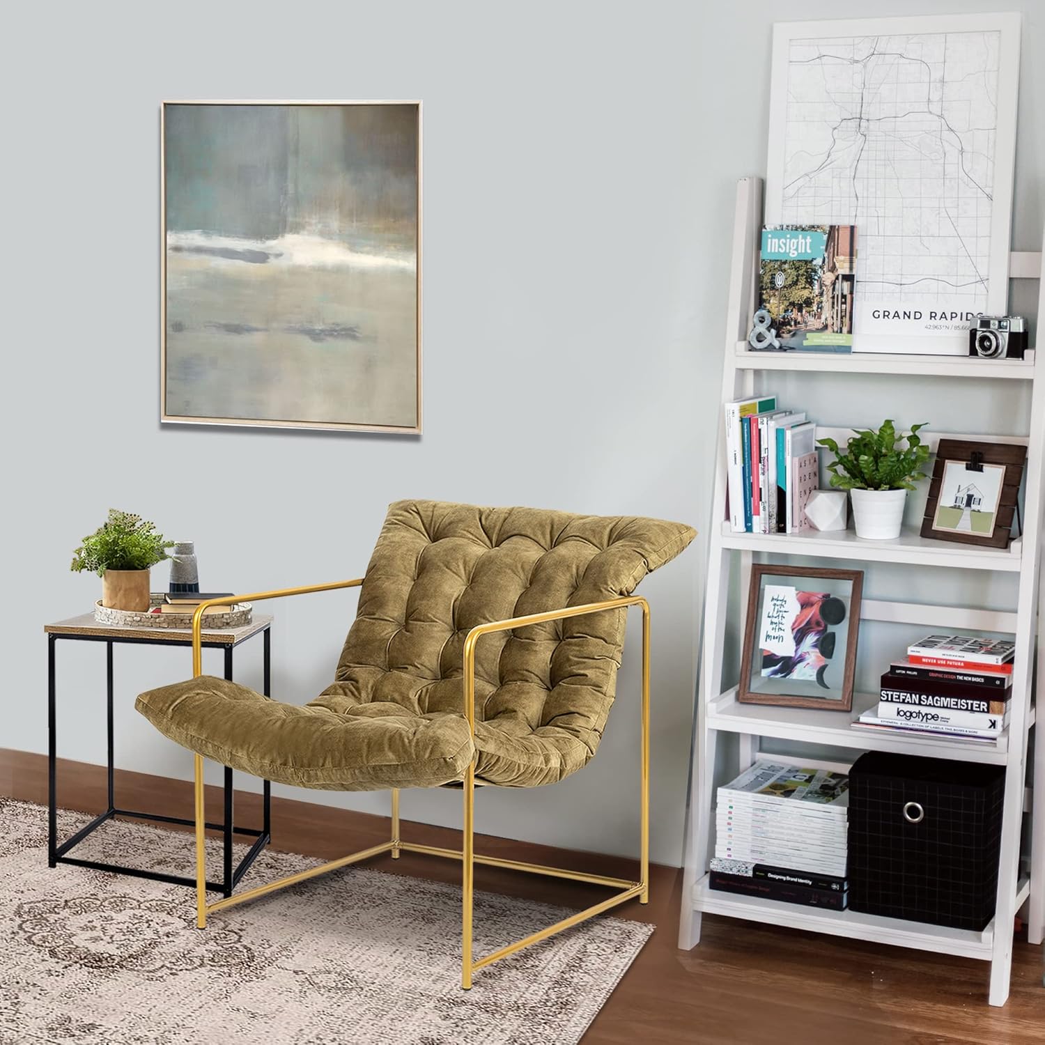 GIA Mid Century Modern Sling Accent Chair and Rattan End Table Set for Living Room, Bedroom, and Office, 2pcs, Upholstered in Green Velvet Fabric with Gold Metal Base