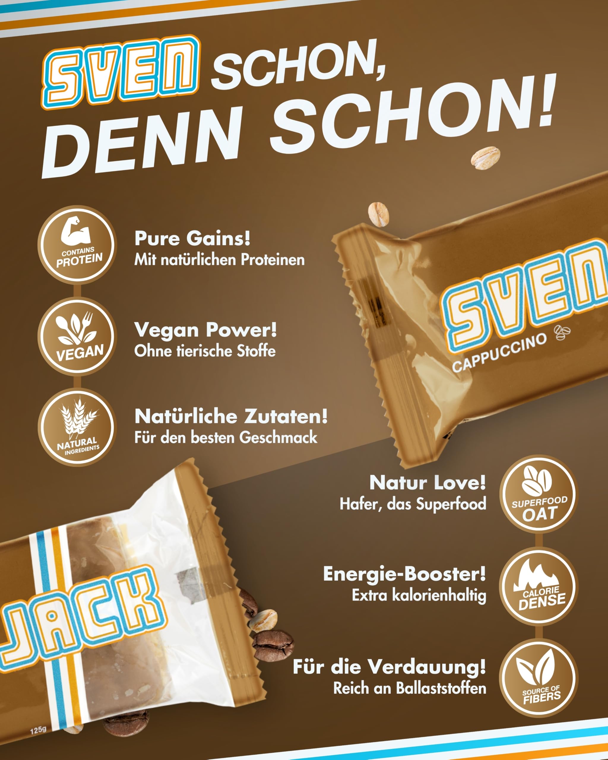 Sven Jack (Energy Cake) Haferriegel Cappuccino 24x 125g I Haferflocken Energieriegel mit Cappuccino & weißer Schokolade I Veganer Haferriegel I Langkettige Kohlenhydrate & wenig Zucker I Müsliriegel