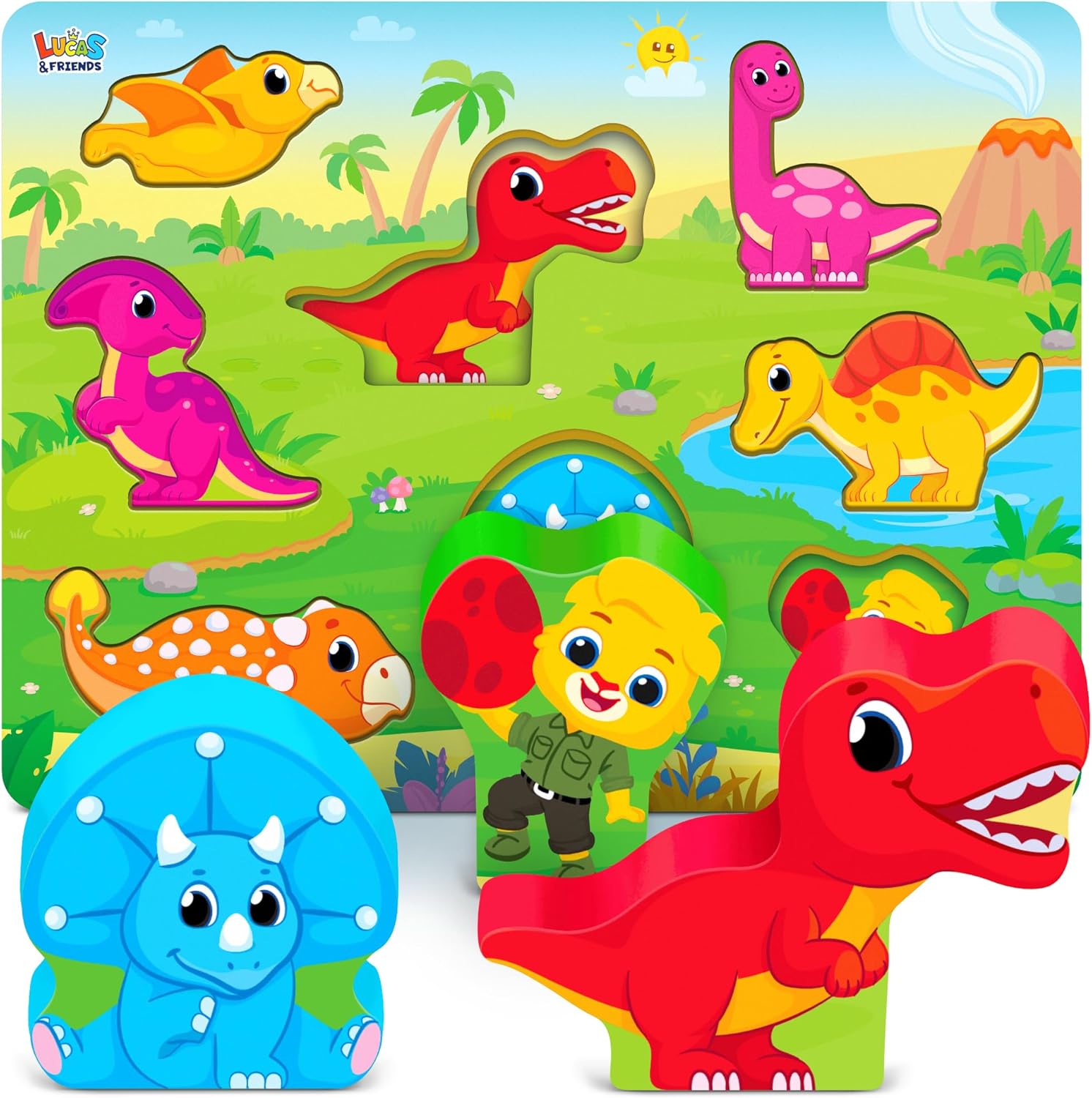 Lucas & Friends Jumbo Wooden Dinosaur Puzzle, Montessori Learning Toy for Toddlers 2-4, Fine Motor Skills Dinosaur Puzzle Board