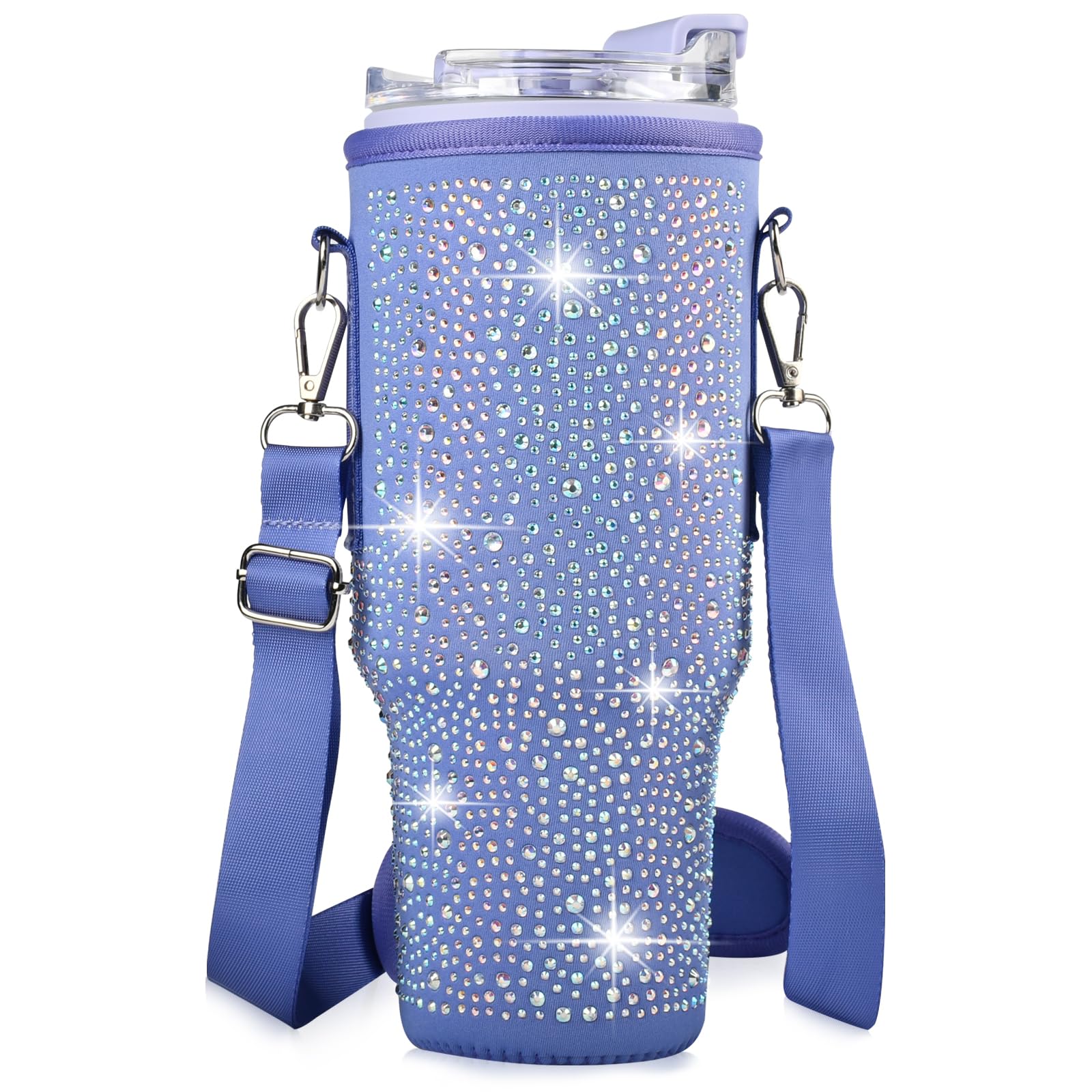 YobenkiBling Water Bottle Carrier Bag for Stanley Cup 40oz, Sparkling Diamond Water Bottle Holder with Adjustable Strap, Neoprene Water Bottle Bag Stanley Cup Accessories