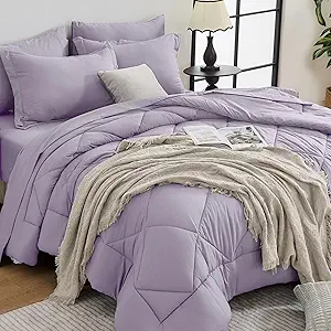HEVUMYI King Purple Comforter Set - 7-Piece All Season Bed in a Bag King, Ultra Soft Bedding Set with Comforter, Flat Sheet, Fitted Sheet, Pillowcases, Pillow Shams, Lavender Purple
