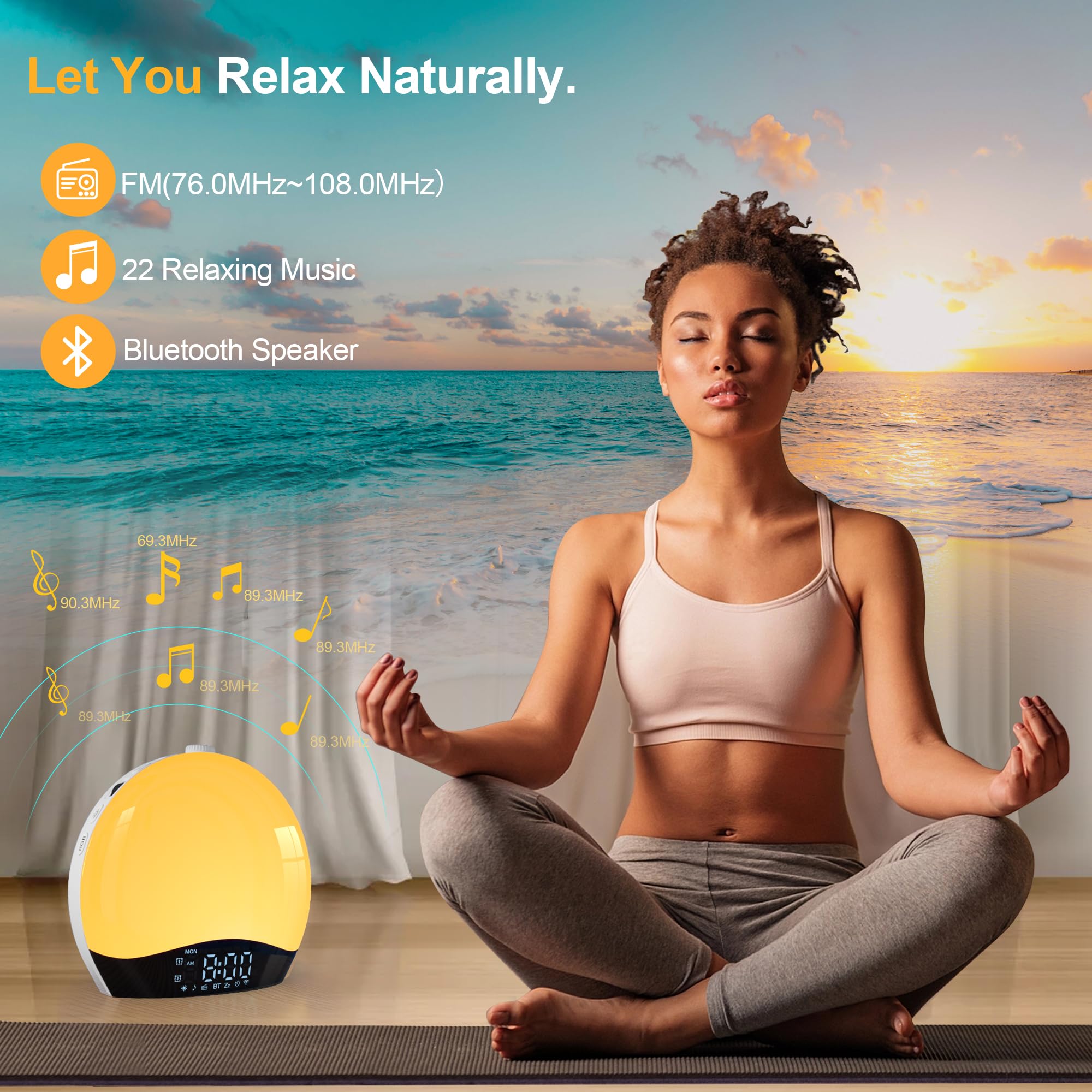 Réveil Lumineux avec Enceinte Bluetooth, Simulateur d'Aube, Radio Réveil Numérique, Lampe de Chevet Multicolore, Snooze, 22 Sons de Sommeil, Minuterie, 20 Luminosités