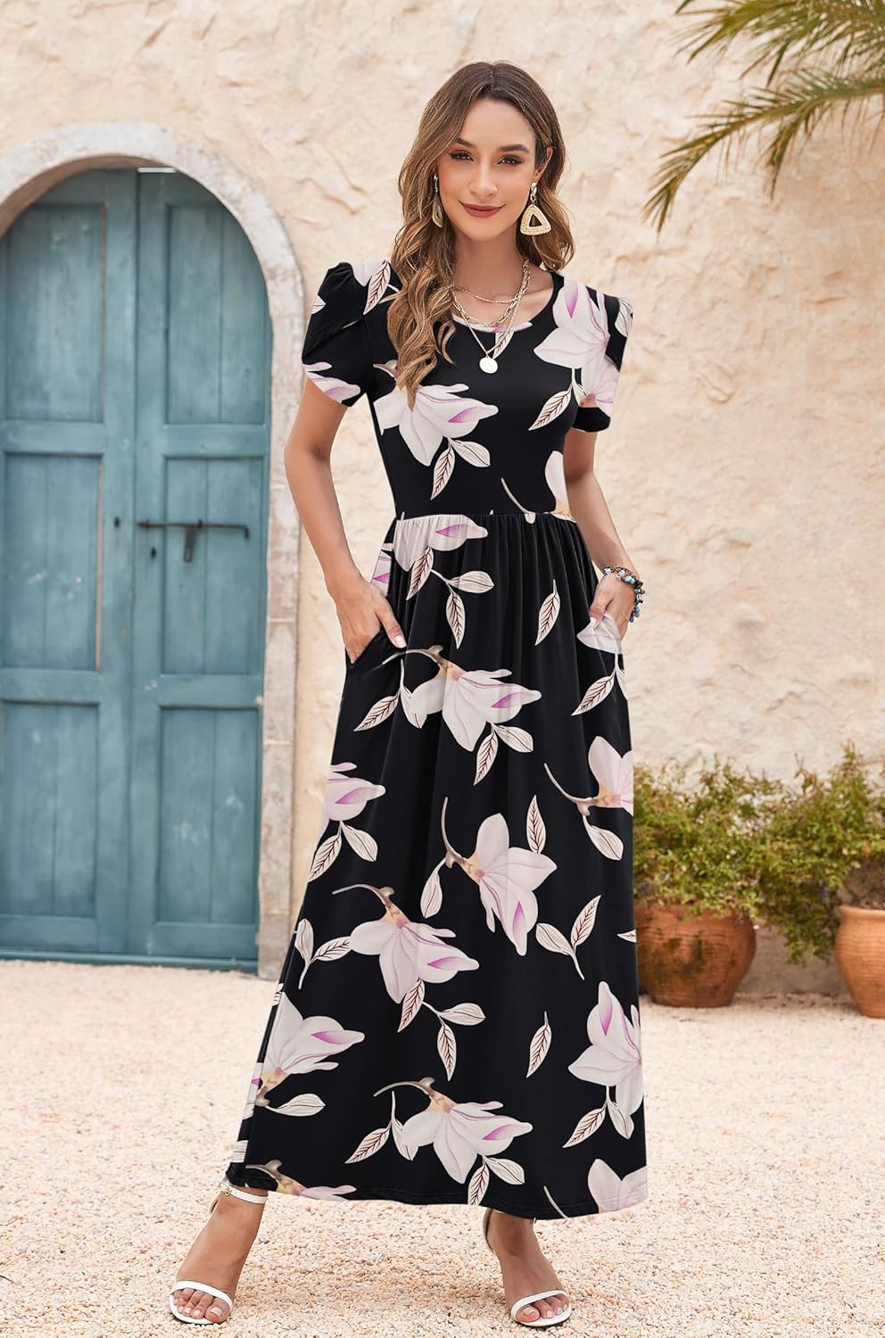 AUSELILY Women's Summer Maxi Dresses Petal Sleeves Casual Empire Waist Long Dress with Pockets 2025 New - Image 3
