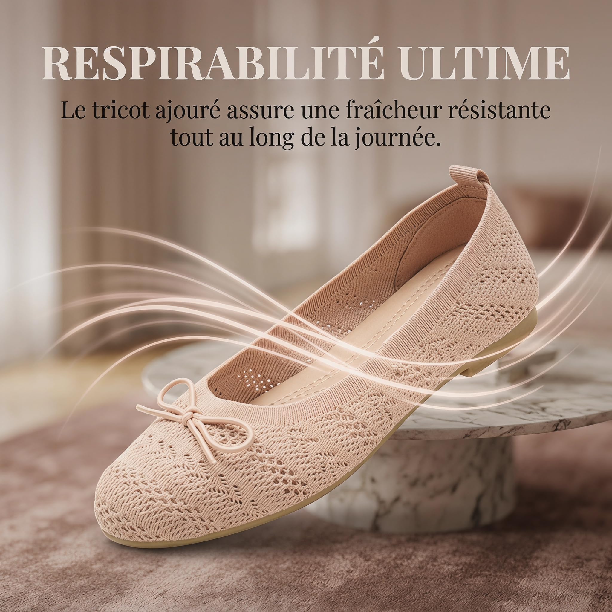 Ballerines en tissu pour femme, avec nœud, antidérapantes, type manolétine ultra douce