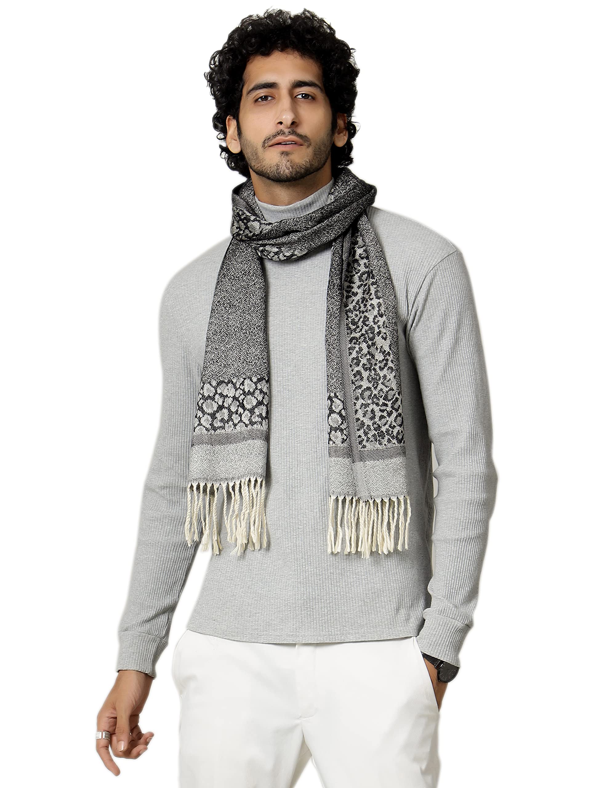 Ravaiyaa - Attitude is everything Men's Geometric Print Woolen Muffler Casual Winter Wool Muffler Scarf (Black & Grey)-picture-42