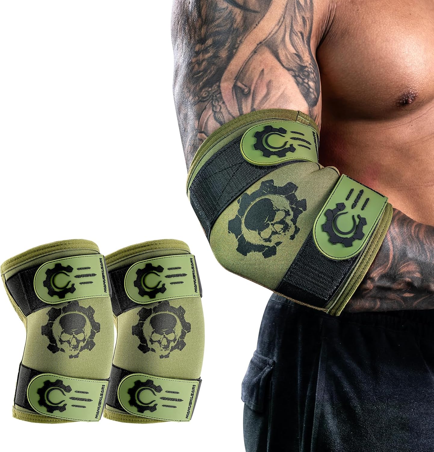MANUEKLEAR 5mm Neoprene Weight Lifting Elbow Sleeves for Men (1 Pair), Elbow Sleeves Weightlifting Men with 2 Adjustable Compression Straps for Bench and Powerlifting & Weightlifting