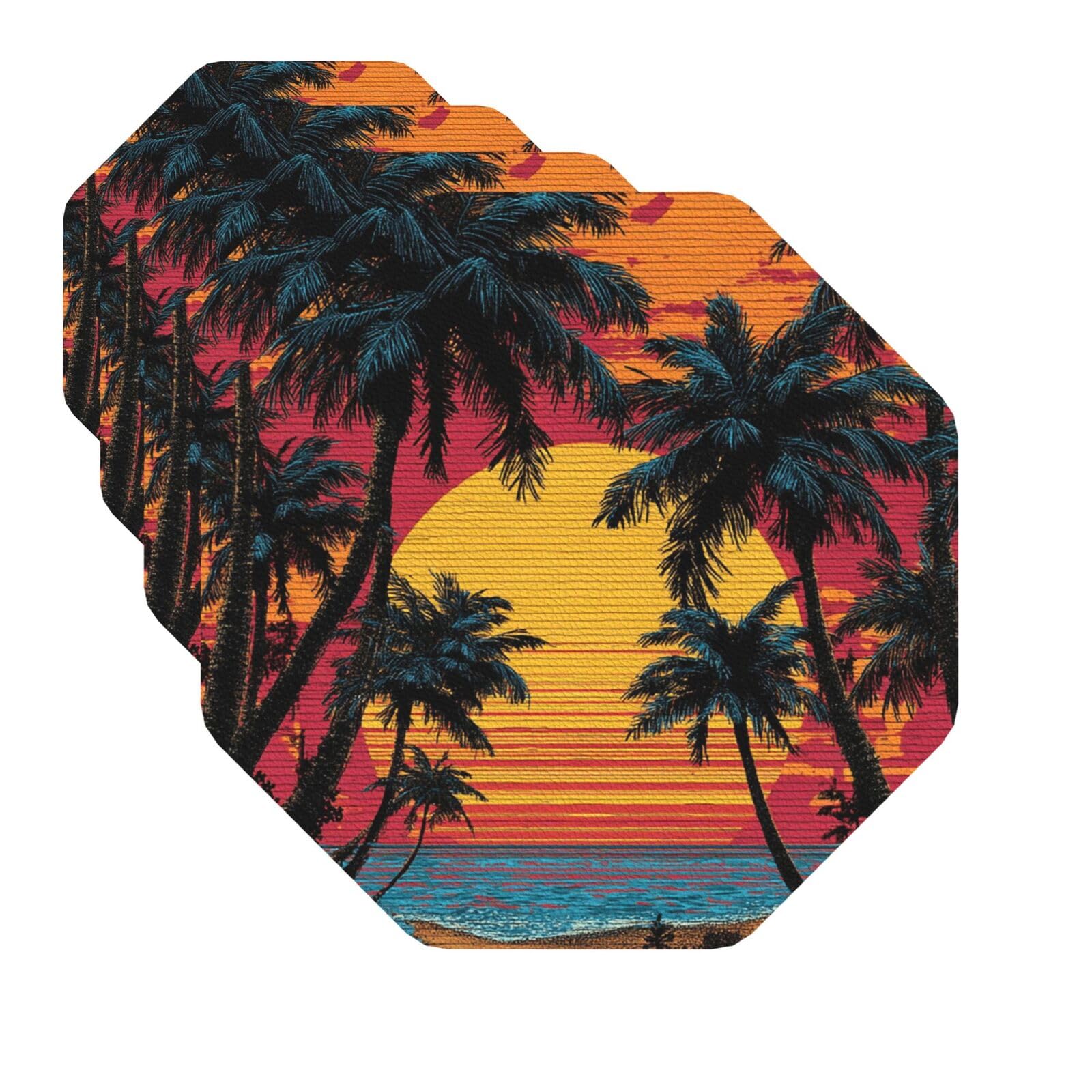 Drink Coasters Set of 4 Quick-Dry Leather Coaster Tropical Beach Palm Tree Sunset Coasters for Drinks Coffee Cup Mat Tabletop Protection Heat Resistant Coaster for Kitchen Bar Office Home Decor