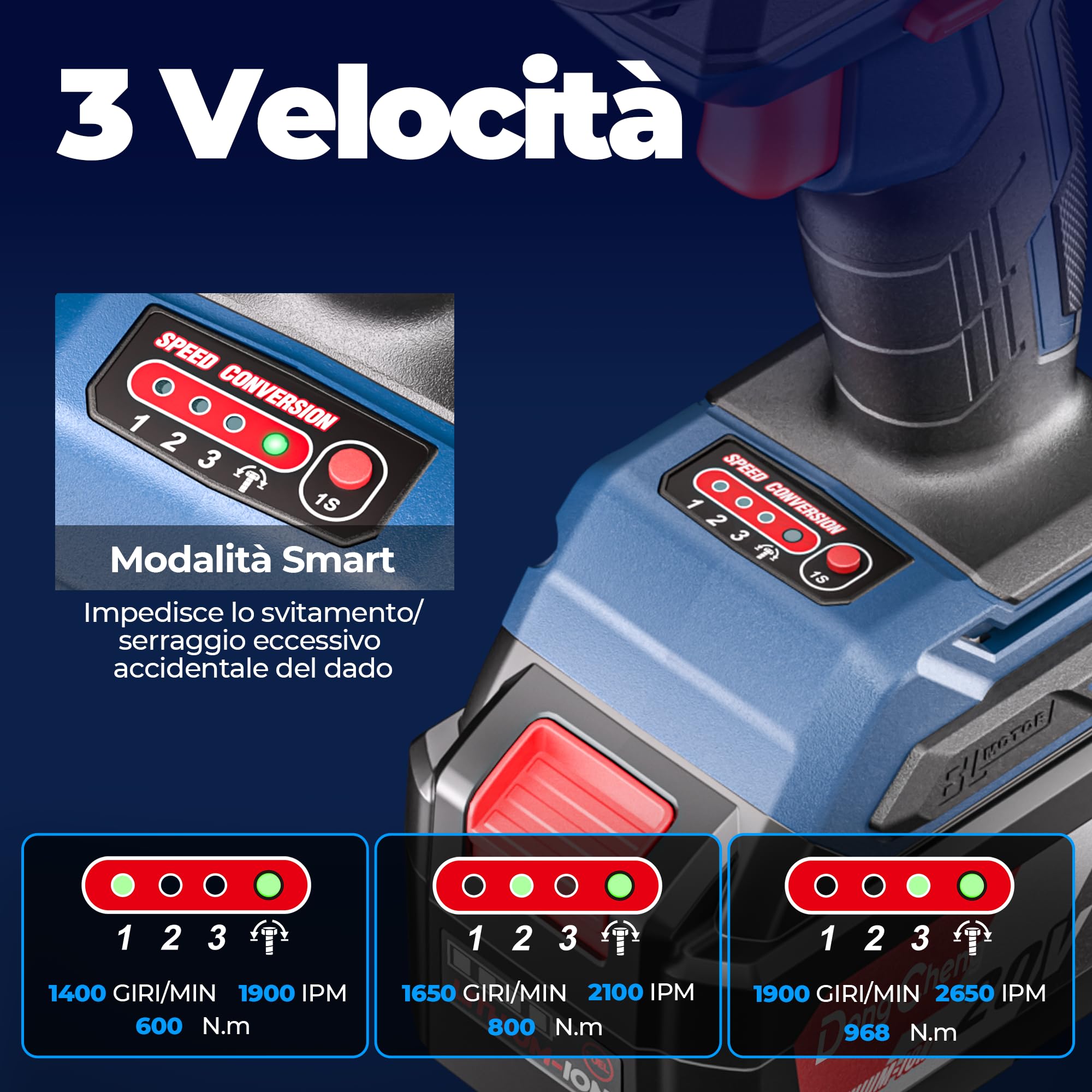 Dong Cheng Chiave a impulsi senza fili Brushless 1/2", 1700 Nm, 3 vel. 0-1900 giri/min, 2x5,0Ah + carica rapida + 3 bussole, per bulloni arrugginiti M10-M24